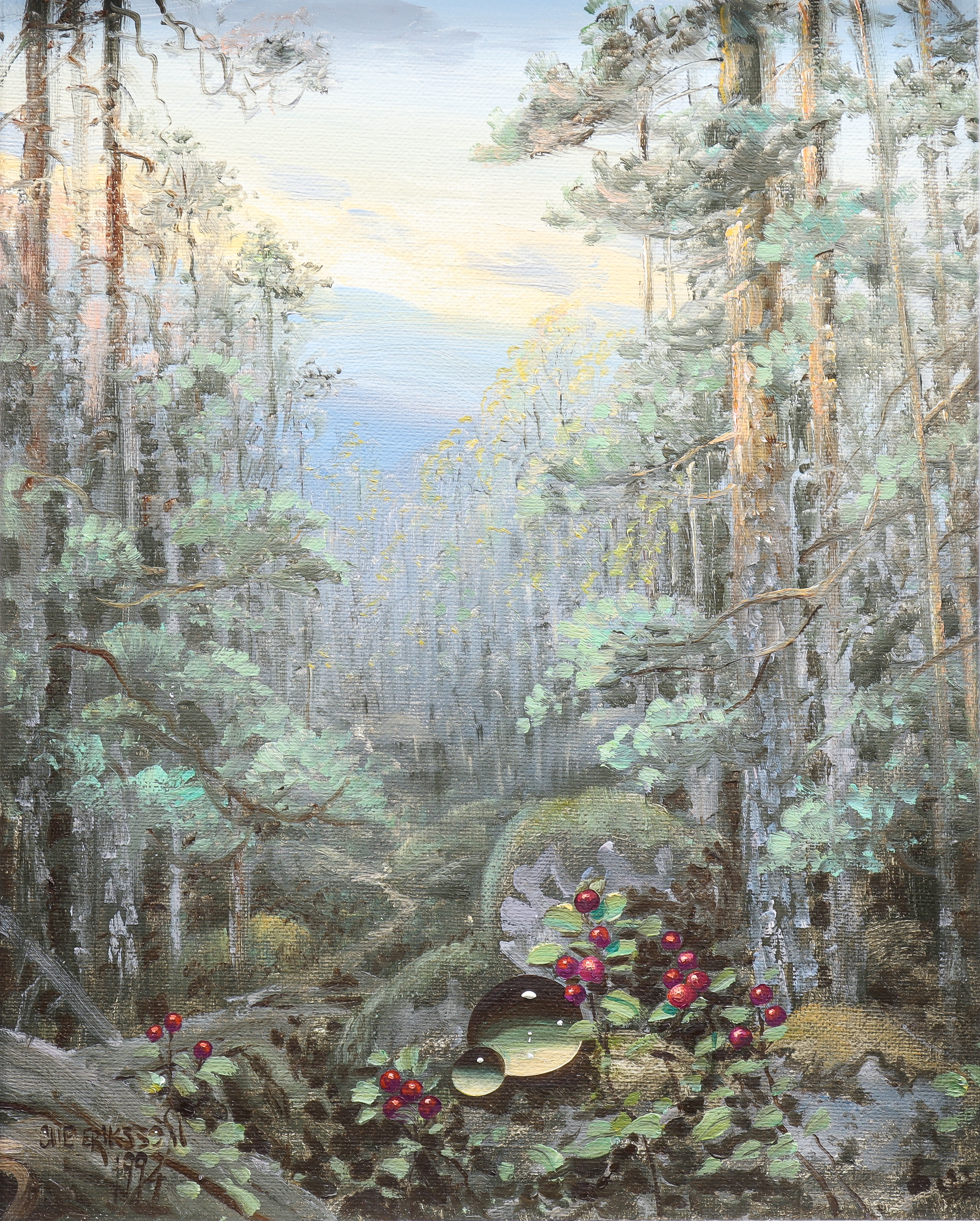 OLLE "DROPPEN" ERIKSSON. Skogslandskap med lingon och droppar.