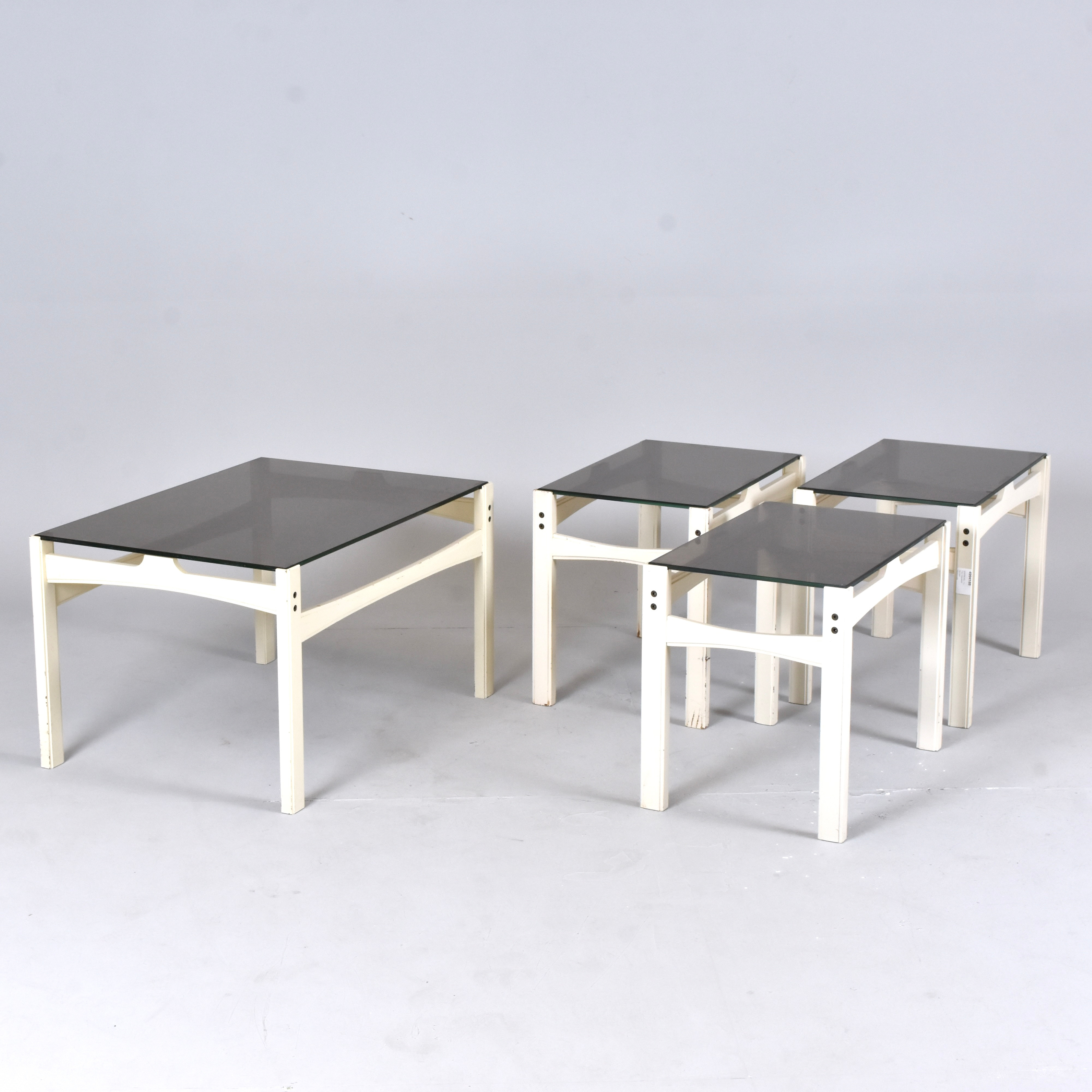 SOFFBORD, 1 + 3 st, vitlackerat trä med mörktonade glasskivor.