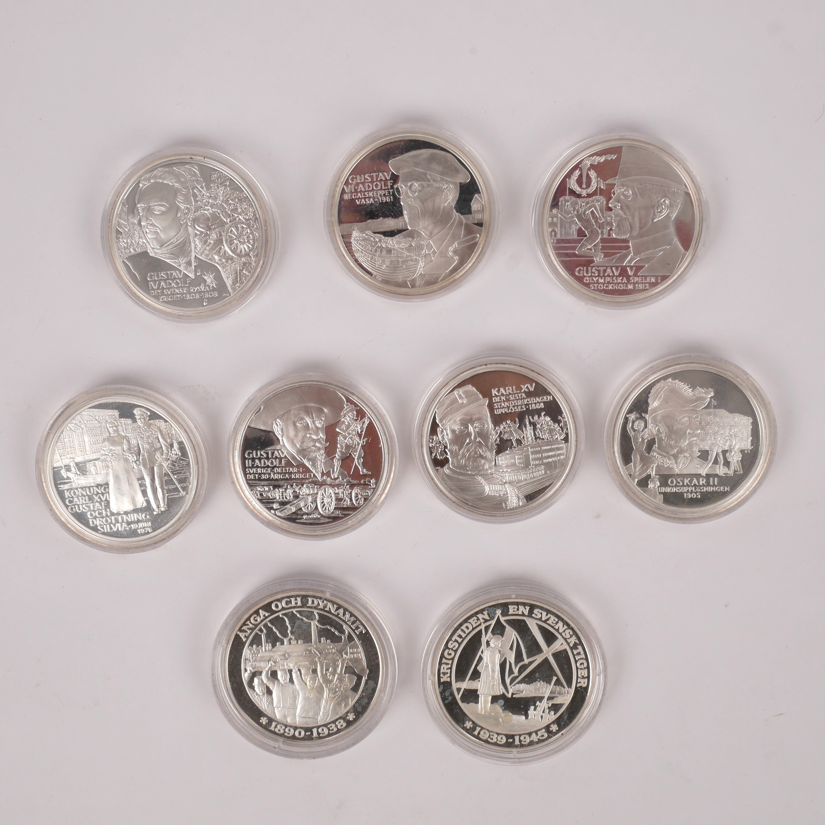 MINNESMEDALJER, 9 st, Sveriges Historia och Kungariket Sverige, silver.