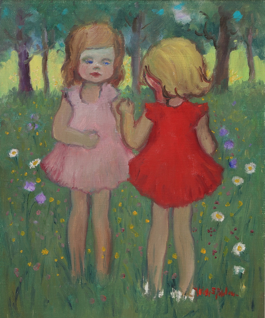 WILHELM SJÖHOLM. Olja på duk, flickor på en äng, signerad.