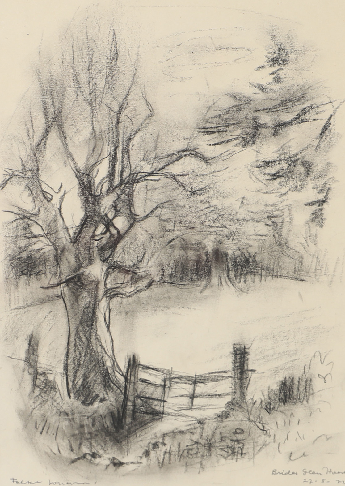 OIDENTIFIERAD KONSTNÄR. "Trädet och grinden", teckning, otydligt signerad.