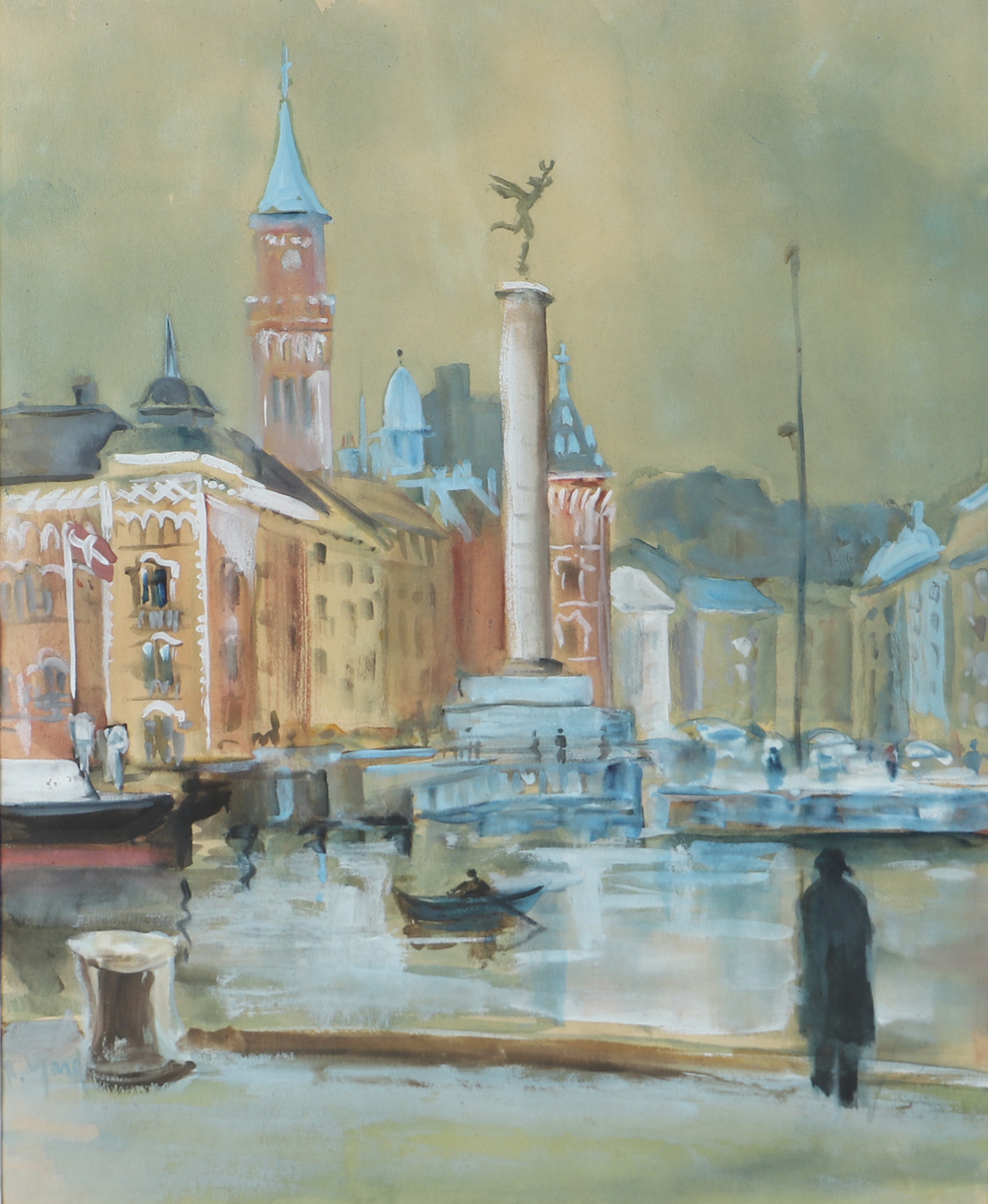 OIDENTIFIERAD KONSTNÄR. Helsingborg med rådhuset, blandteknik, signerad R. Yard.