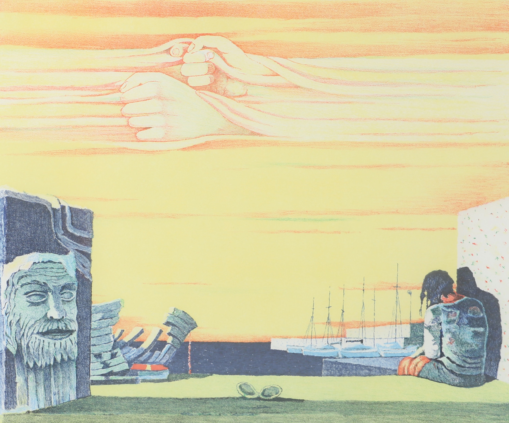 AXEL OLSON. Komposition med båtar, färglitografi, signerad.