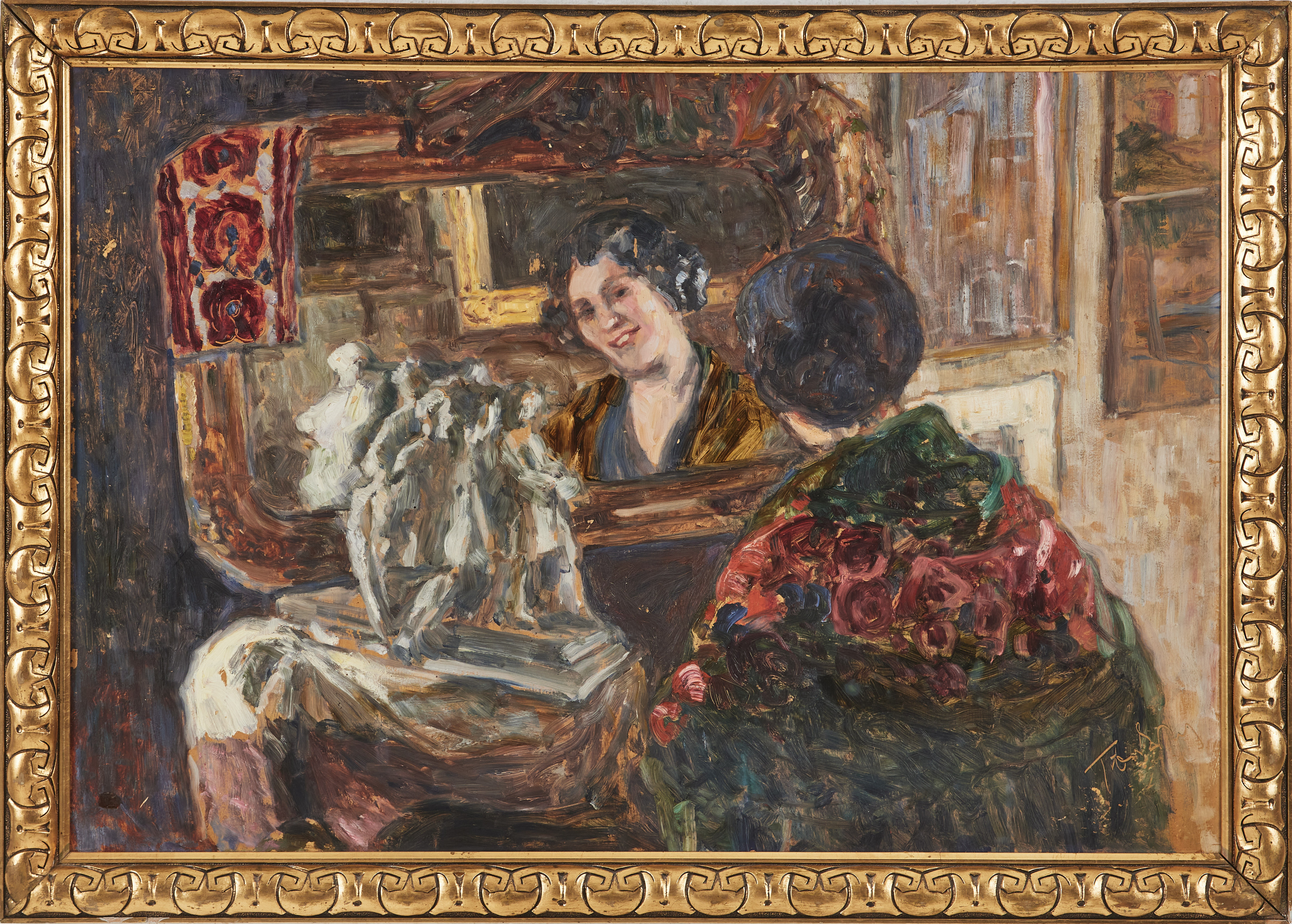 OIDENTIFIERAD KONSTNÄR. "Framför spegeln", olja på pannå, signerad, titulerad a tergo.