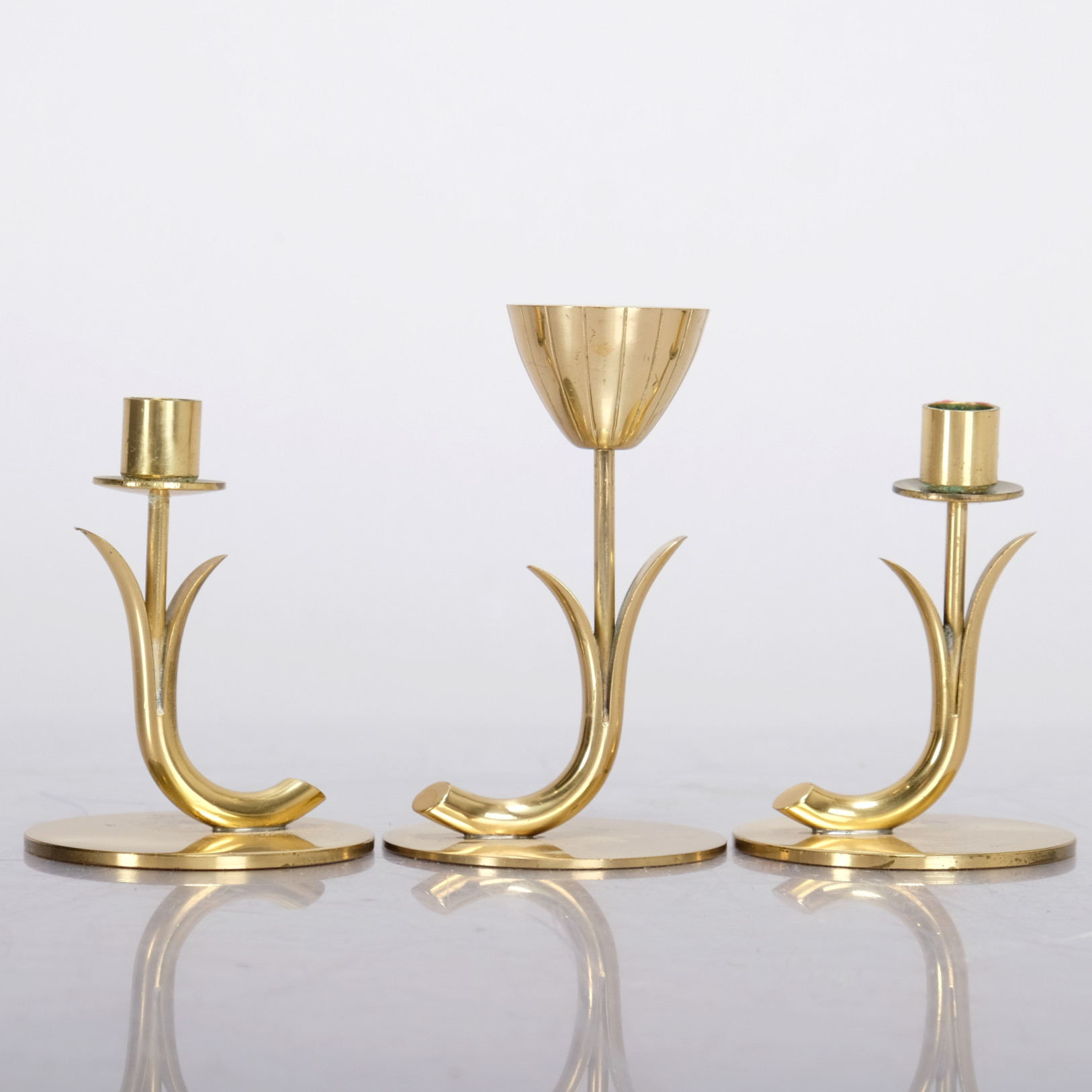 GUNNAR ANDER. Ljusstakar, "Liljan", Mässing, Ystad Metall, 3-delar.