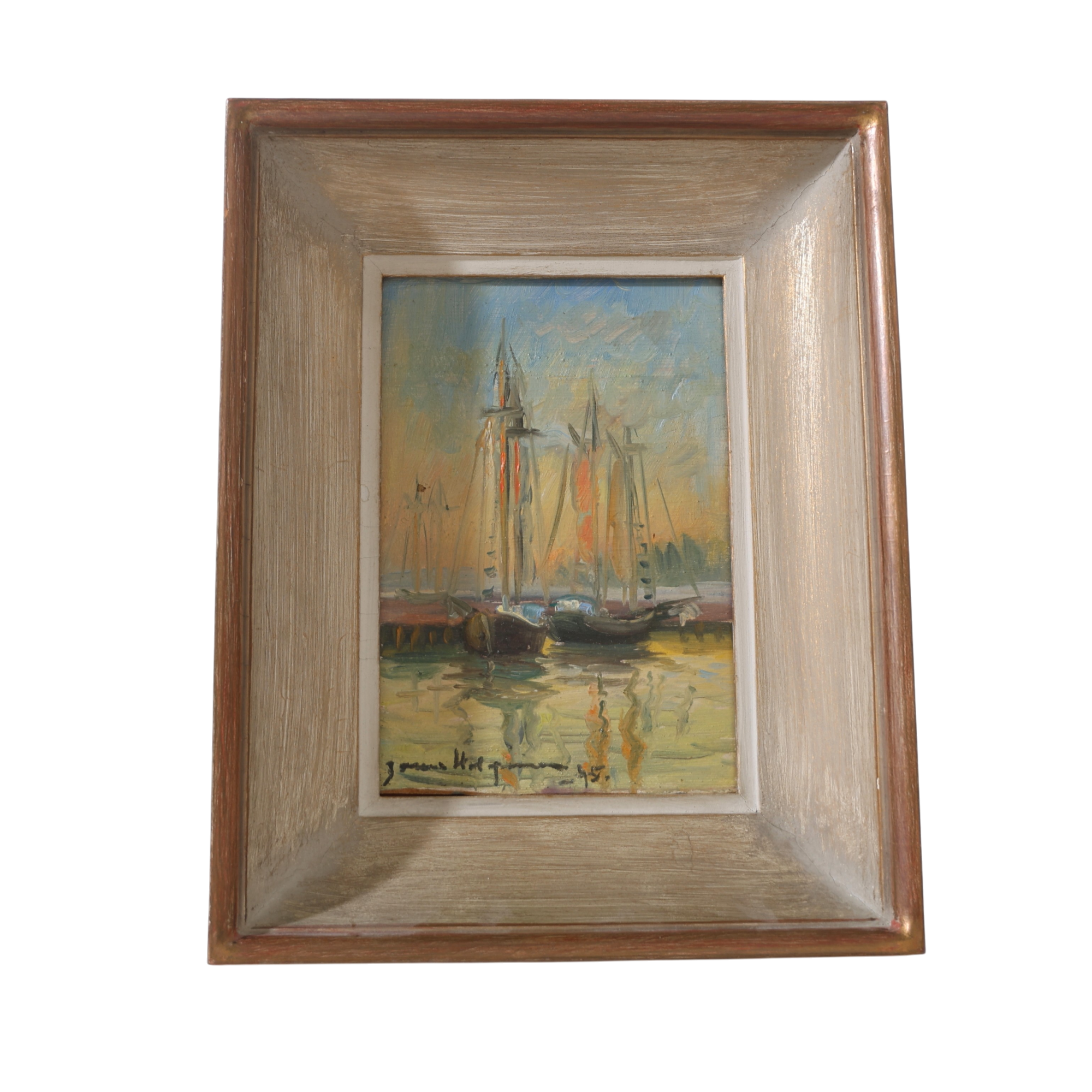 OIDENTIFIERAD KONSTNÄR. Segelbåtar, olja på pannå, signerad samt daterad -45.