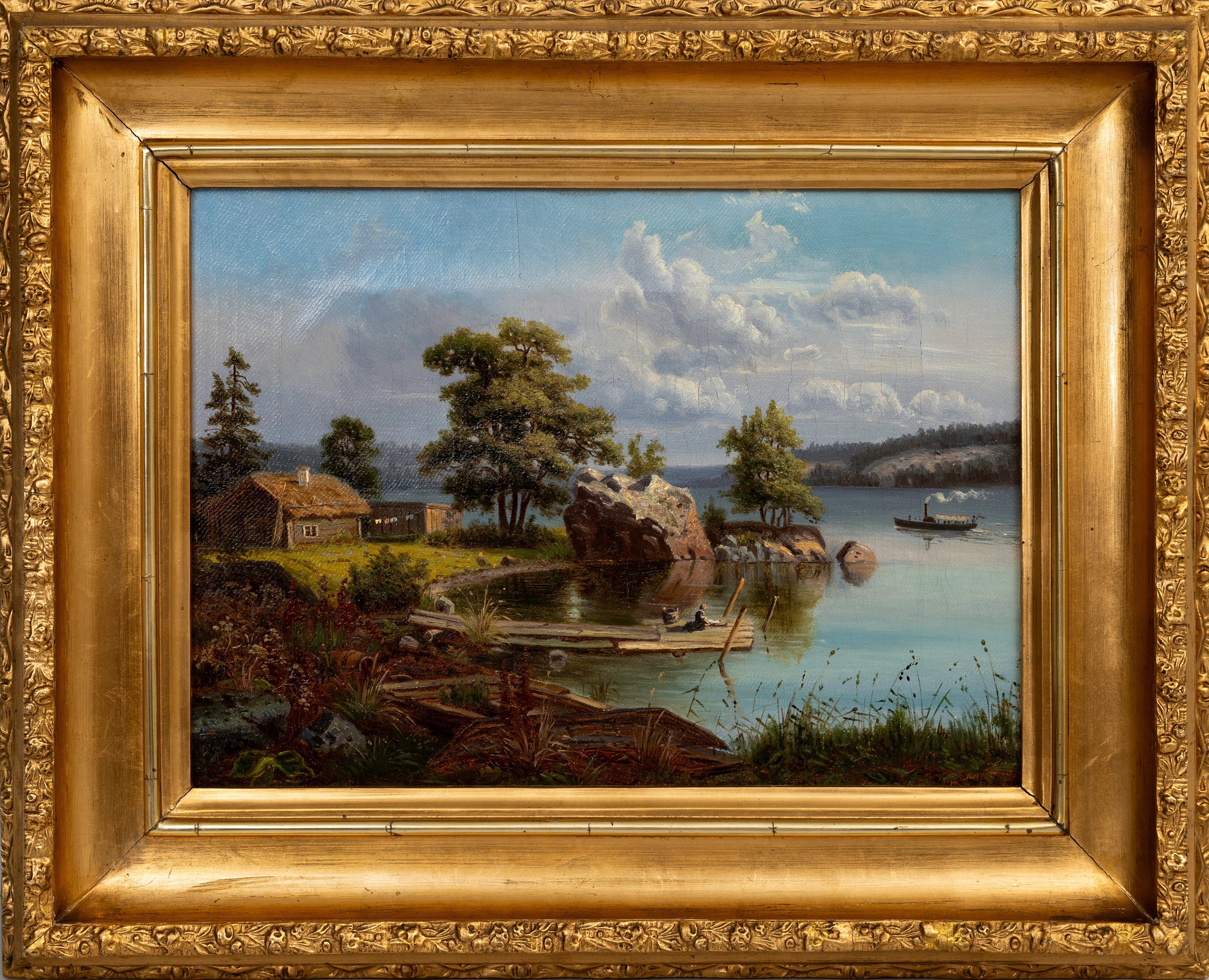 OKÄND KONSTNÄR. Sommarvy med vik, olja på duk, möjligen målad av Kung Karl XV.