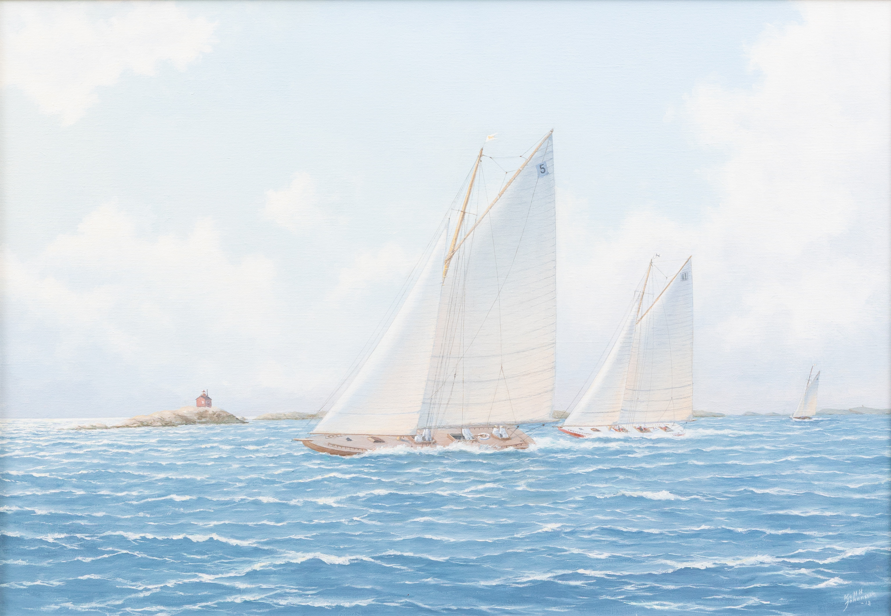 KJELL JOHANSSON. Segelbåtarna "Ester och Cakewalk, 1903", olja på dudk, signerad.