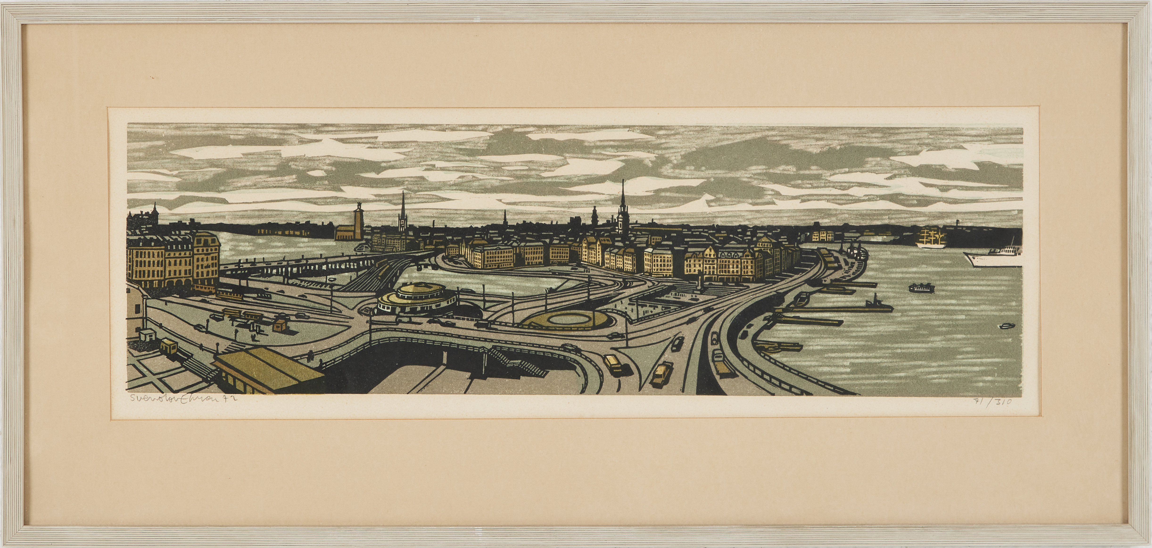 SVENOLOV EHRÉN. Panorama över slussen, träsnitt, signerad, numrerad, 71/310.
