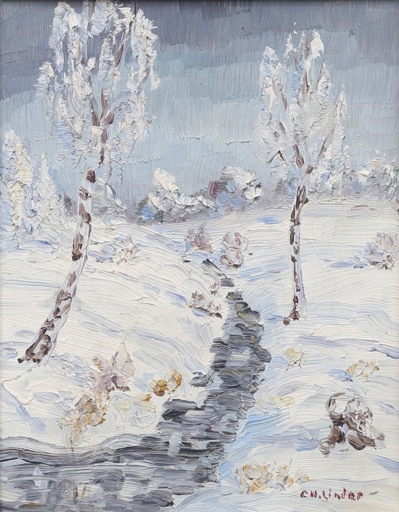 CARL HENRIK LINDER. Vinterlandskap, olja på duk, signerad C H Linder.