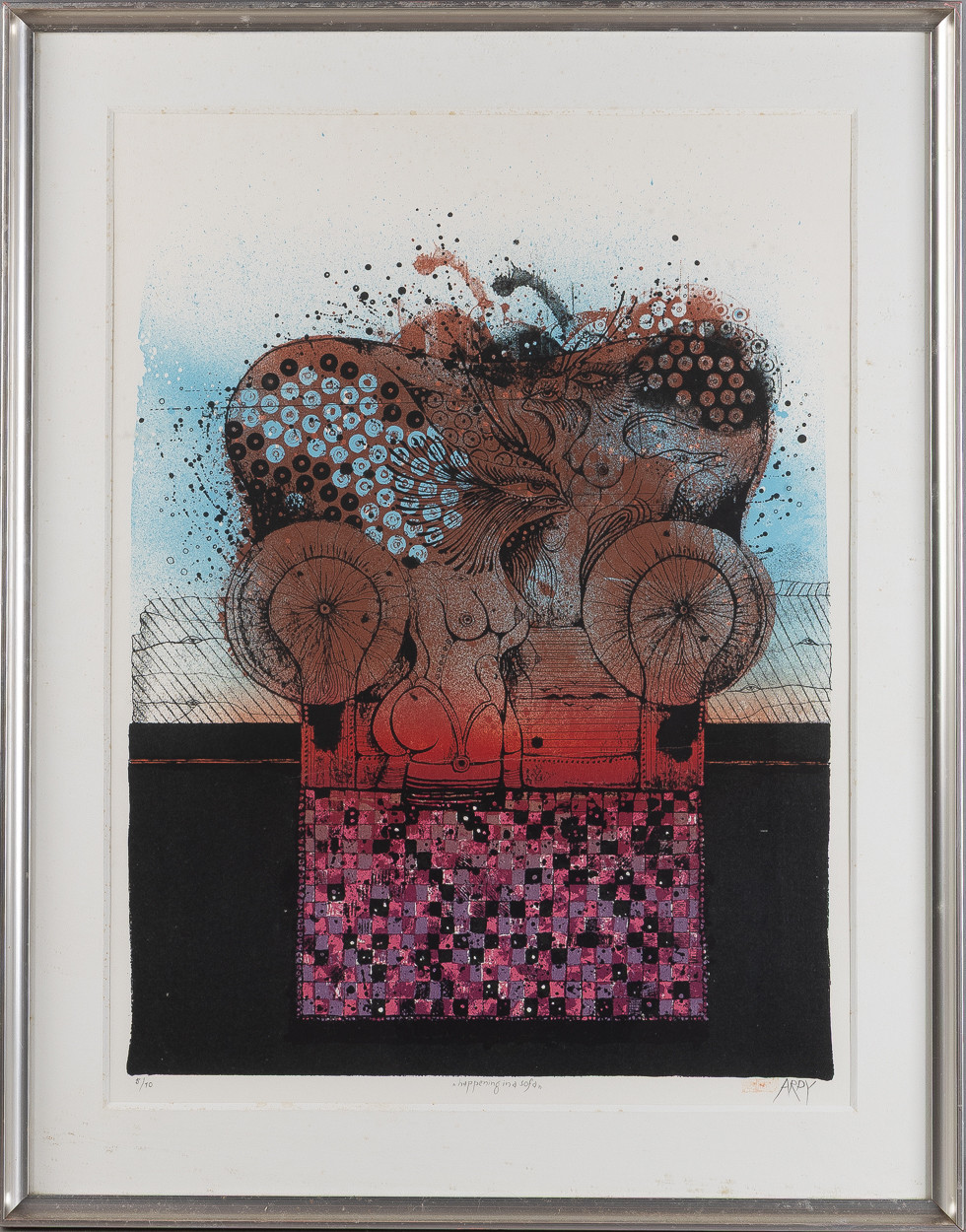 ARDY STRÜWER. "Happening in a sofa" / "Aventure sur un canapé", färglitografi, signerad och numrerad 5/10.