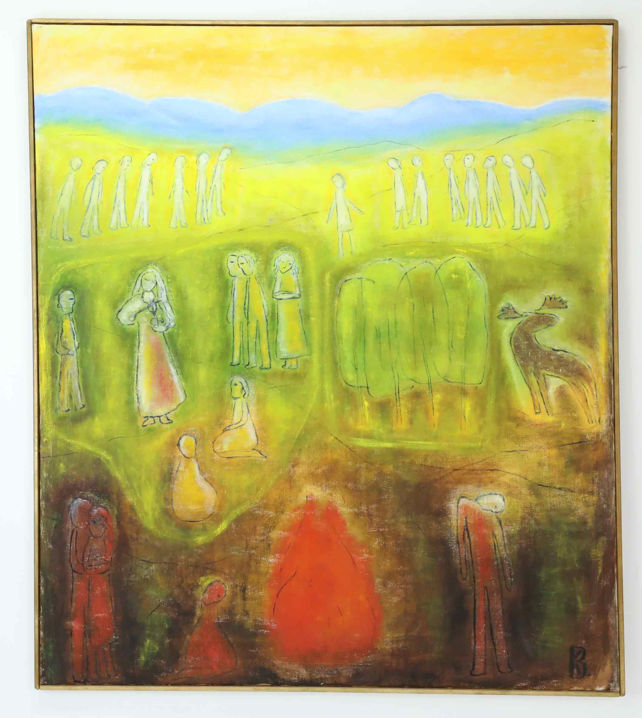 KARIN BJÖRKLUND. olja på duk, "Sommarnattsmänniskor", signerad.