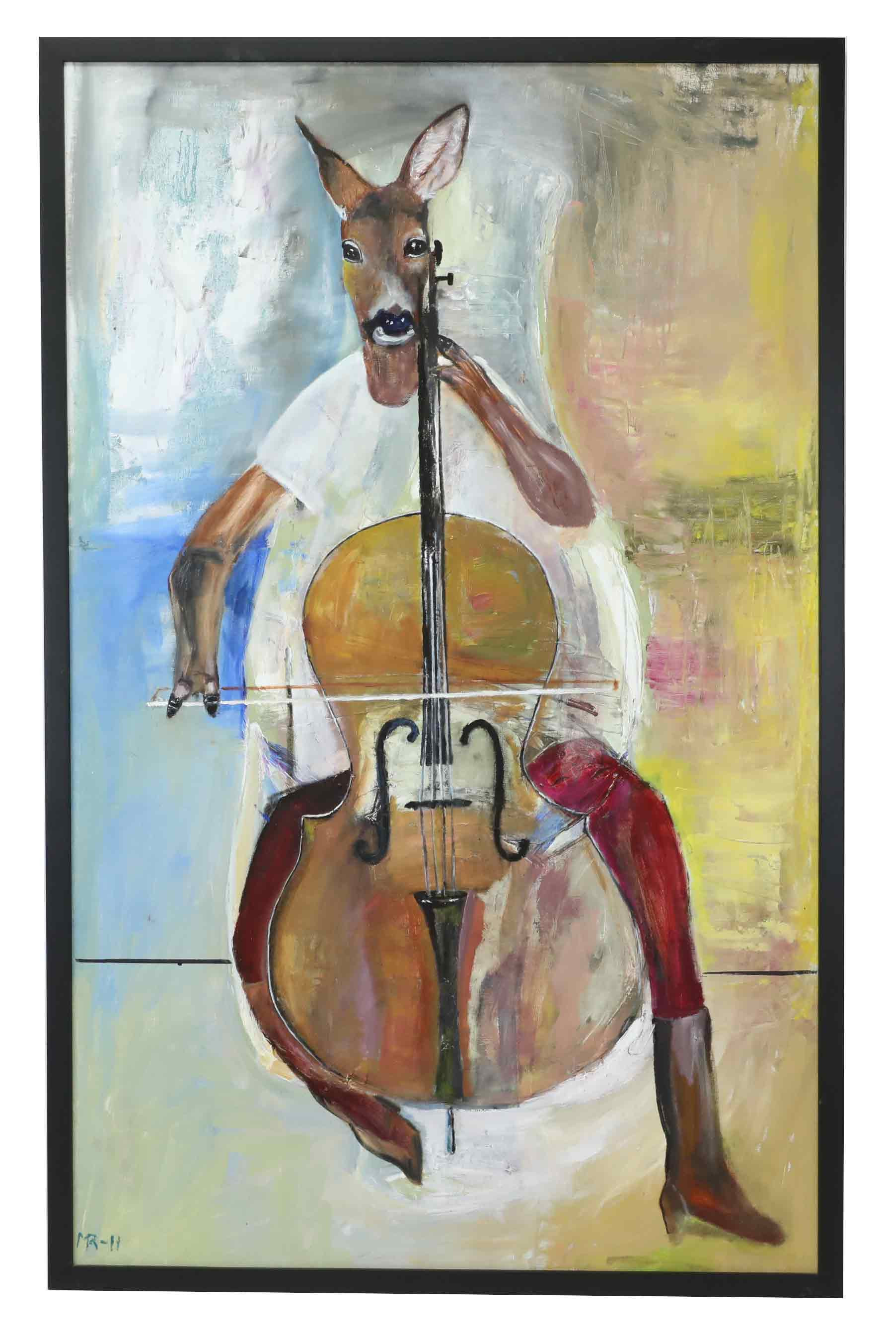 MARGARETA RINGQVIST (1934-2022). olja på duk, hjort spelar cello, signerad, daterad 2011.