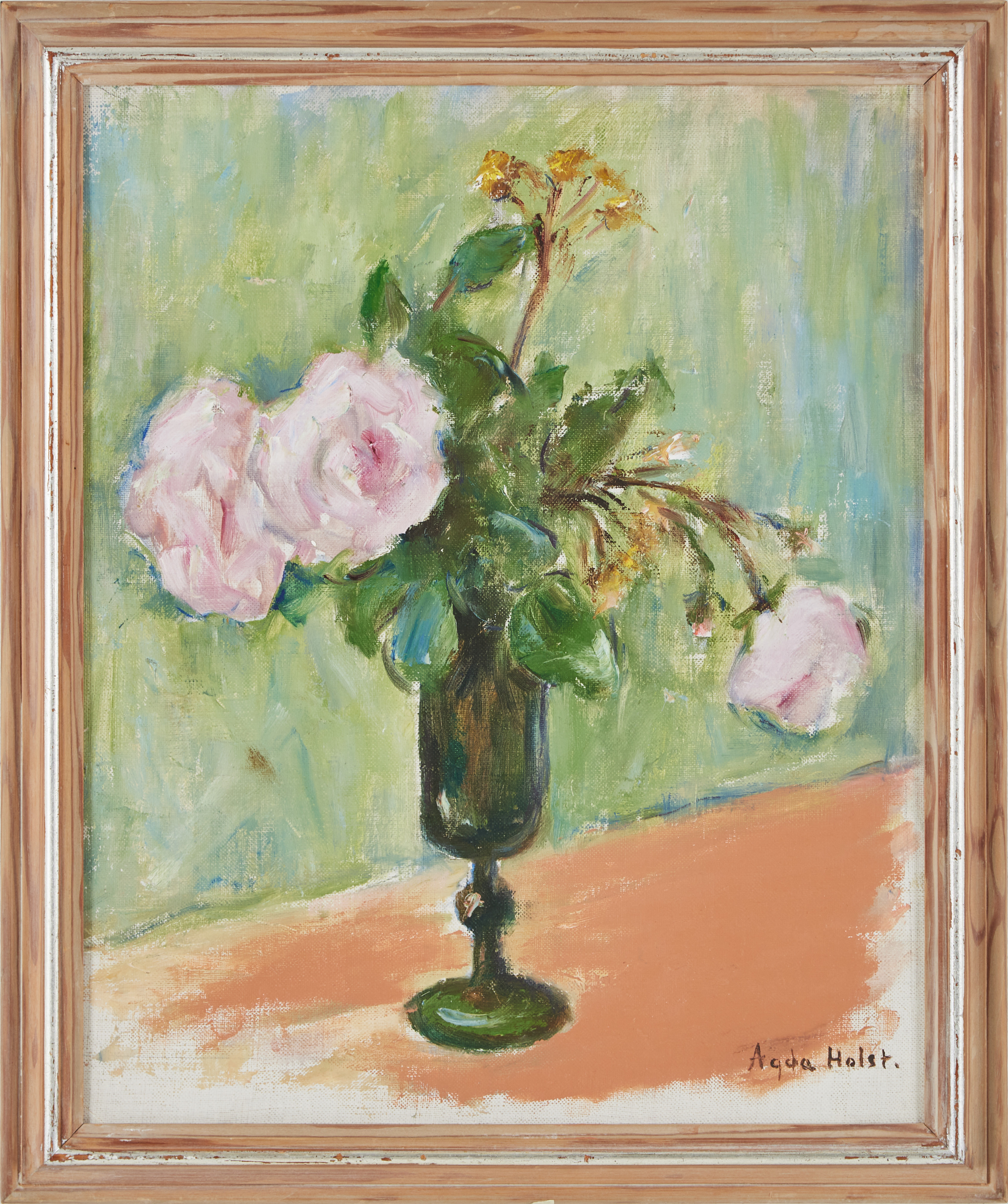 AGDA HOLST. Blomstermotiv, olja på duk uppfodrad på pannå, signerad.