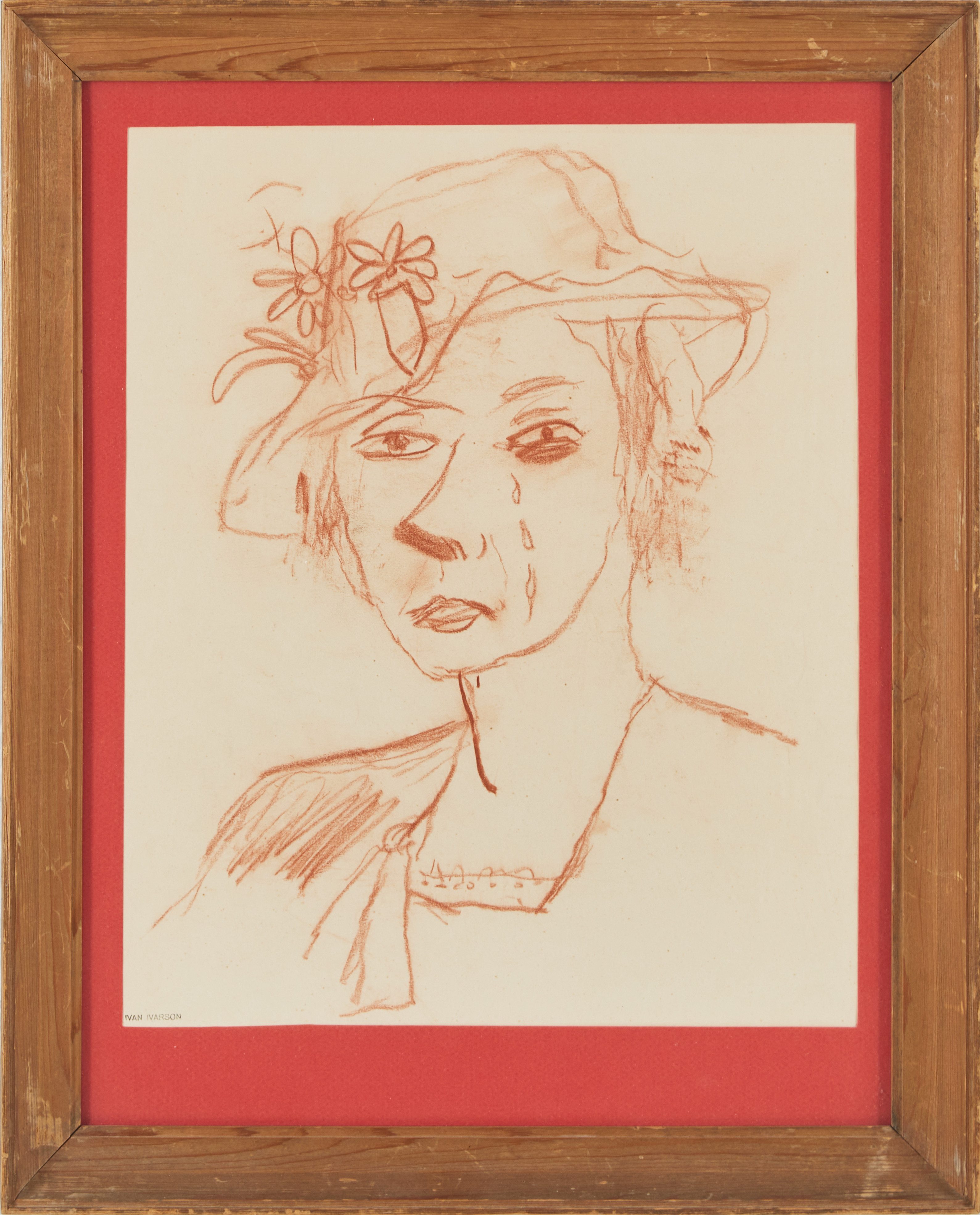 IVAN IVARSON. "Sorgsen kvinna i hatt", rödkrita på papper, stämpelsignerad.