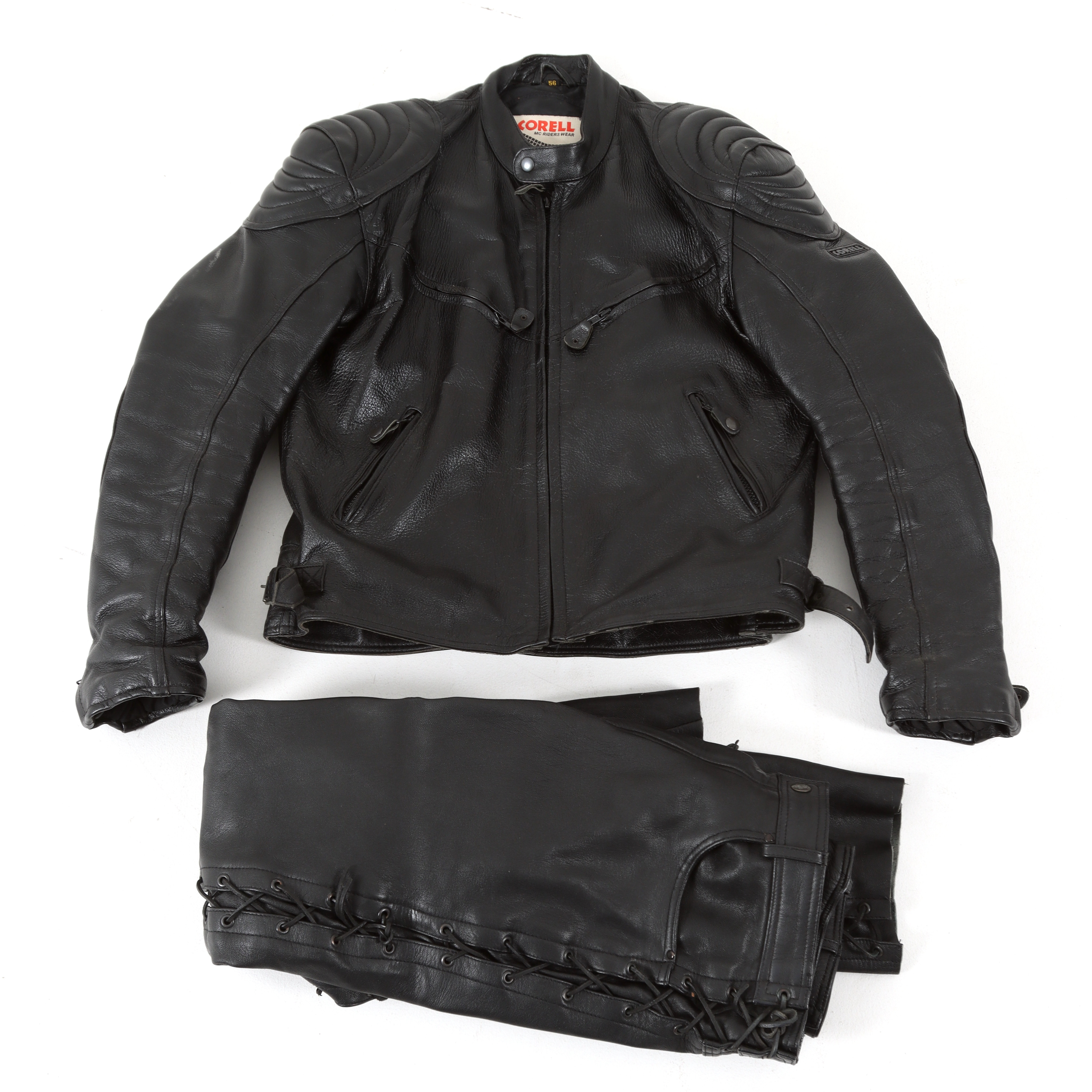 SKINNSTÄLL, Jacka och byxor, läder, Corell, Malung, Sverige. Storlek 56 resp. 50.