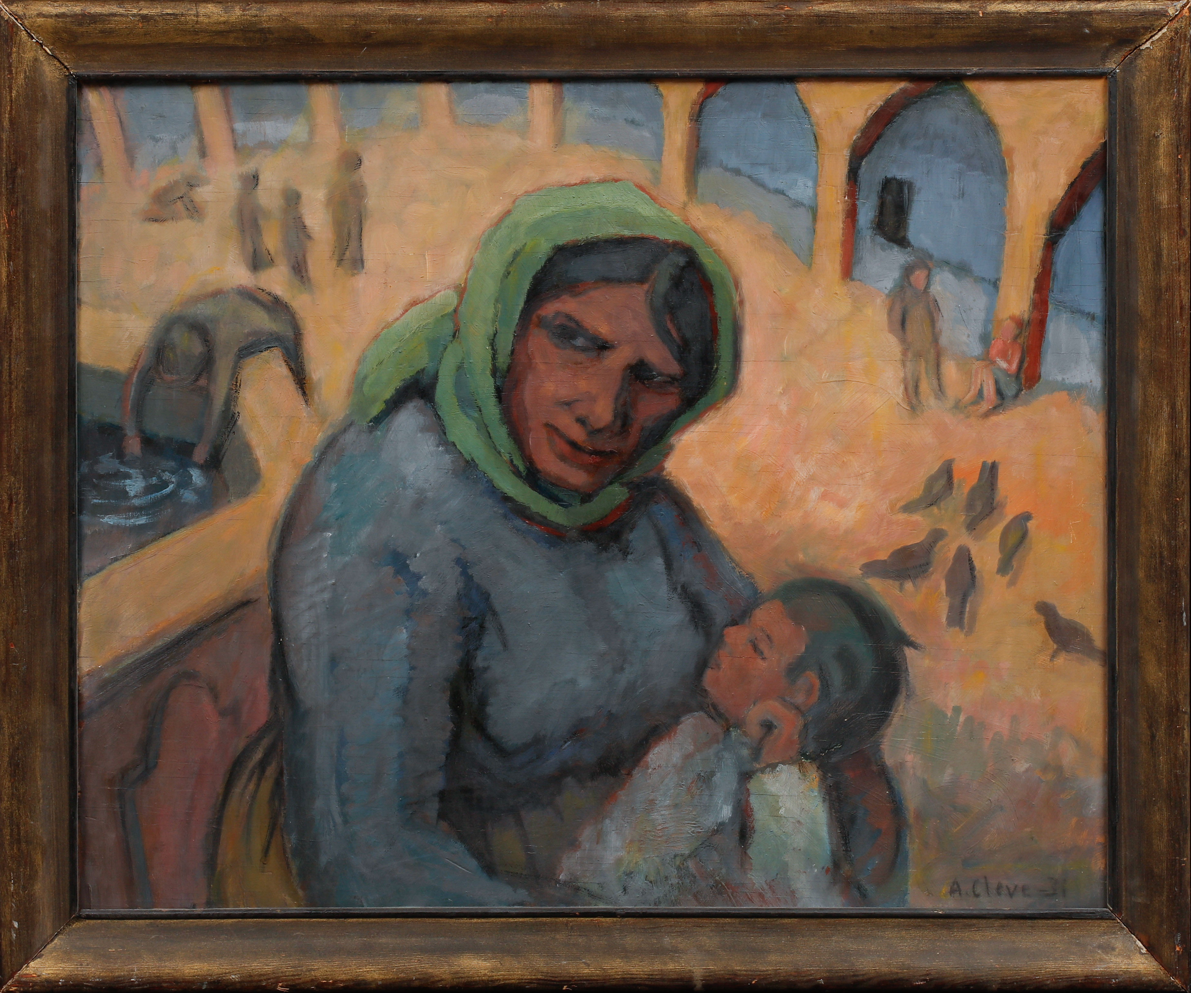 AGNES  CLEVE. Kvinna med barn, olja på pannå, signerad och daterad -31.