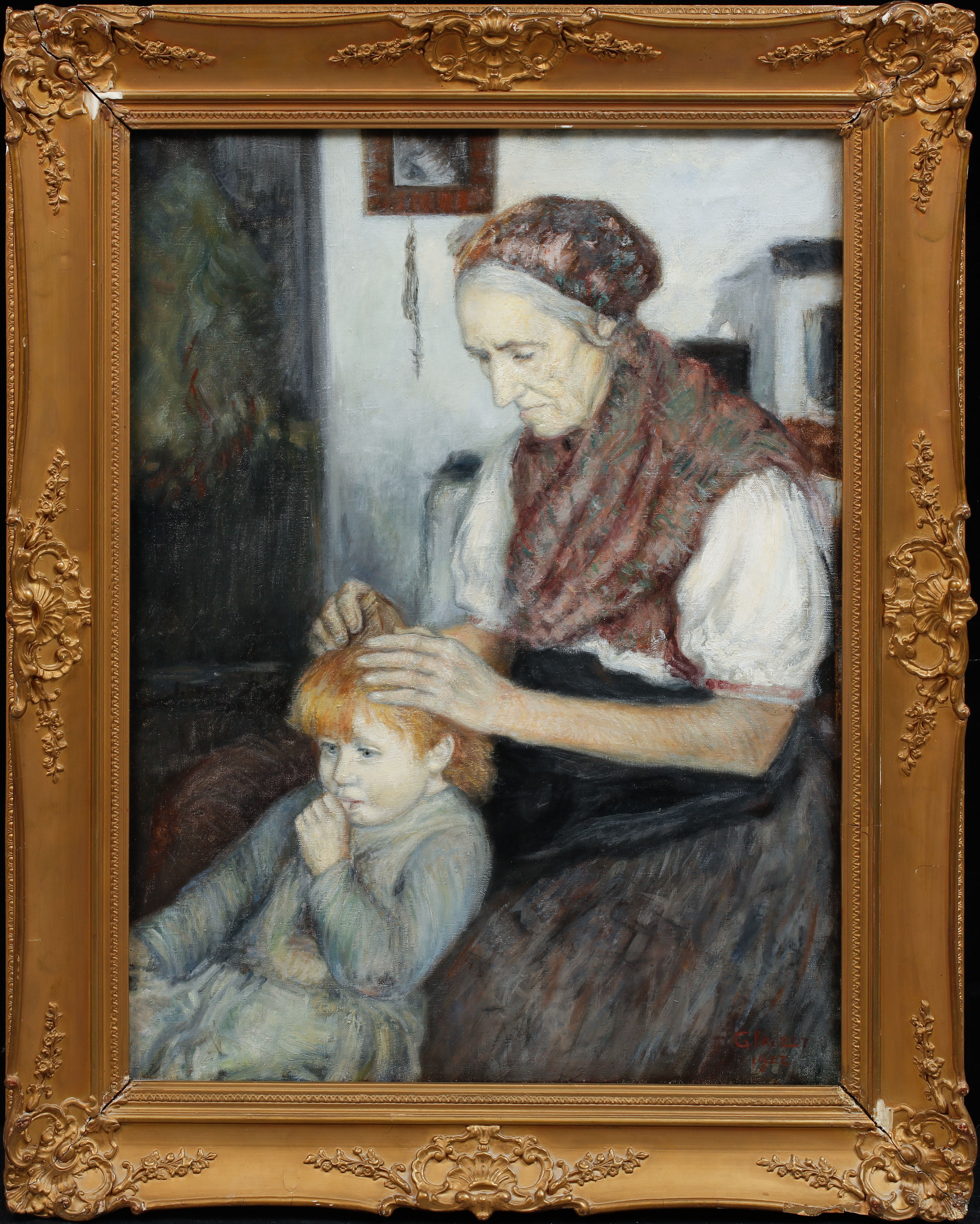 OIDENTIFIERAD KONSTNÄR. Äldre kvinna och barn, olja på duk, signerad och daterad 1922.