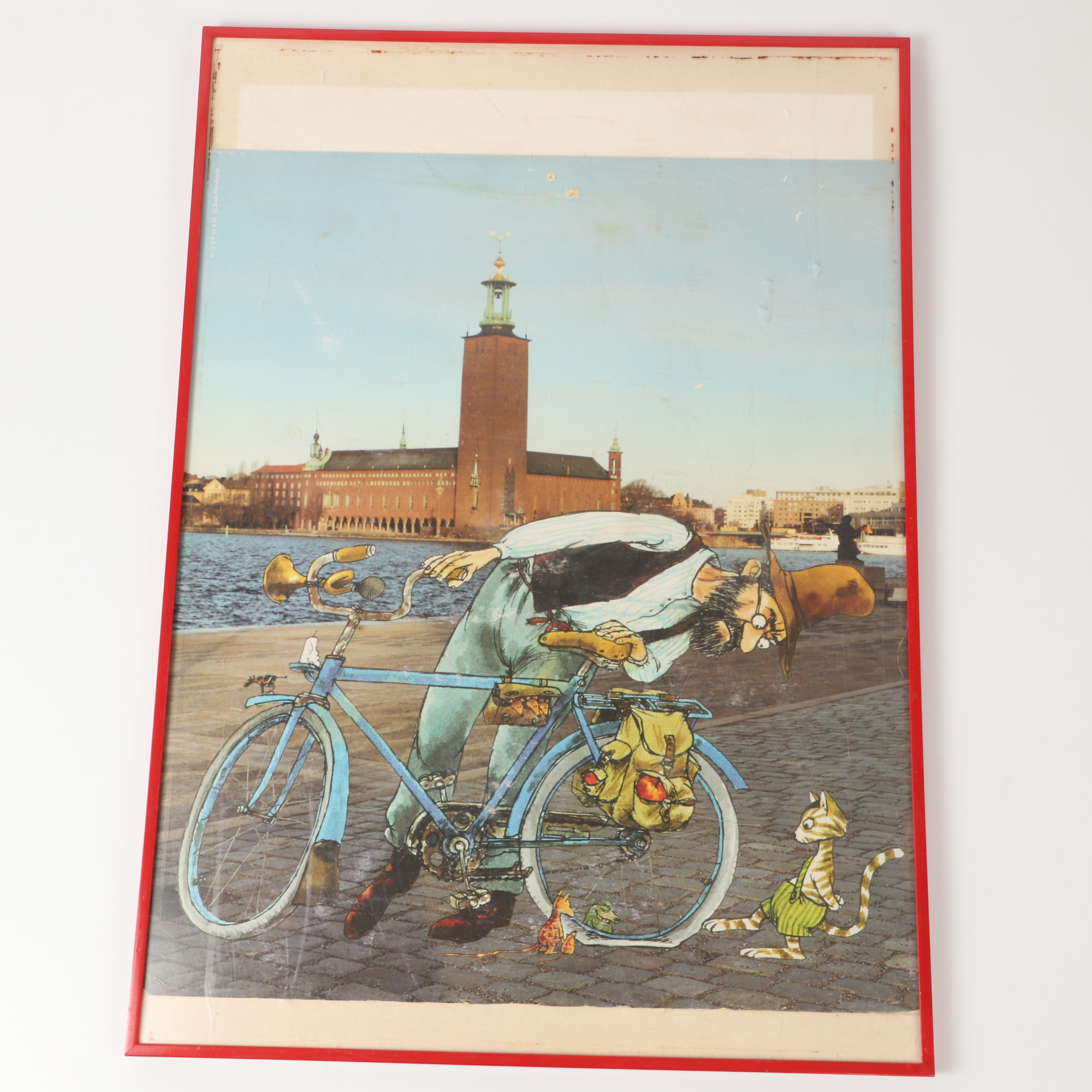 SVEN NORDQVIST. EFTER. Reklambild, tryck på kartong, Pettson och Findus ur boken "Pannkakstårtan", Morkman, 200-tal.