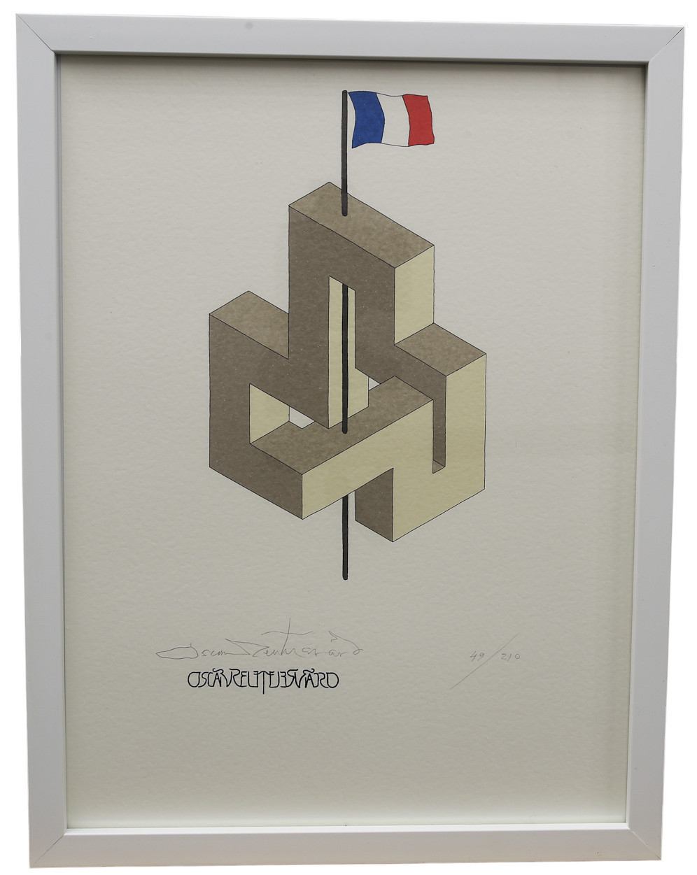 OSCAR REUTERSVÄRD. Färglitografi ur mappen "Fifteen European Impossible Figures". Frankrike, numrerad 58/210, signerad.