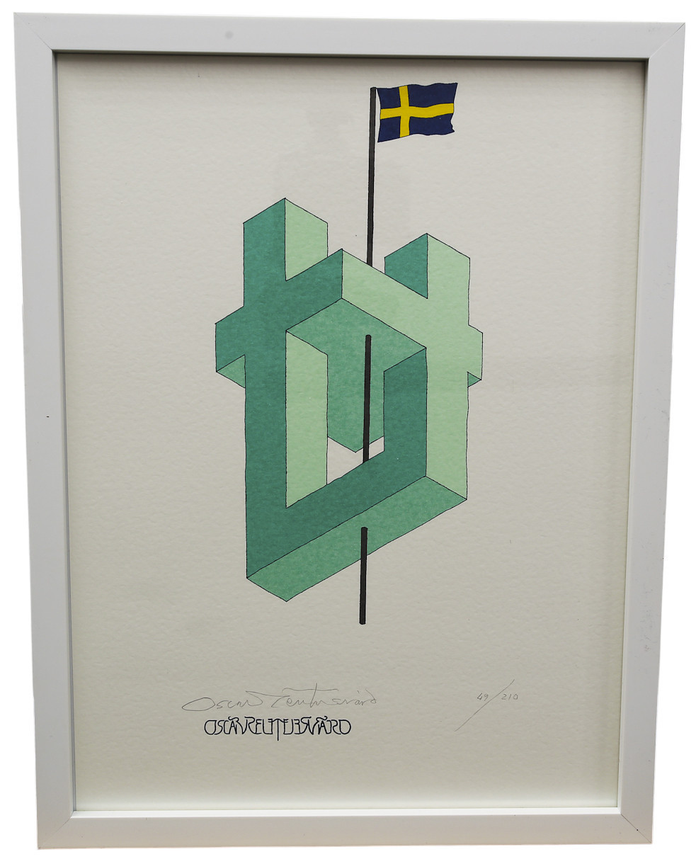 OSCAR REUTERSVÄRD. Färglitografi ur mappen "Fifteen European Impossible Figures". Sverige, numrerad 58210, signerad.