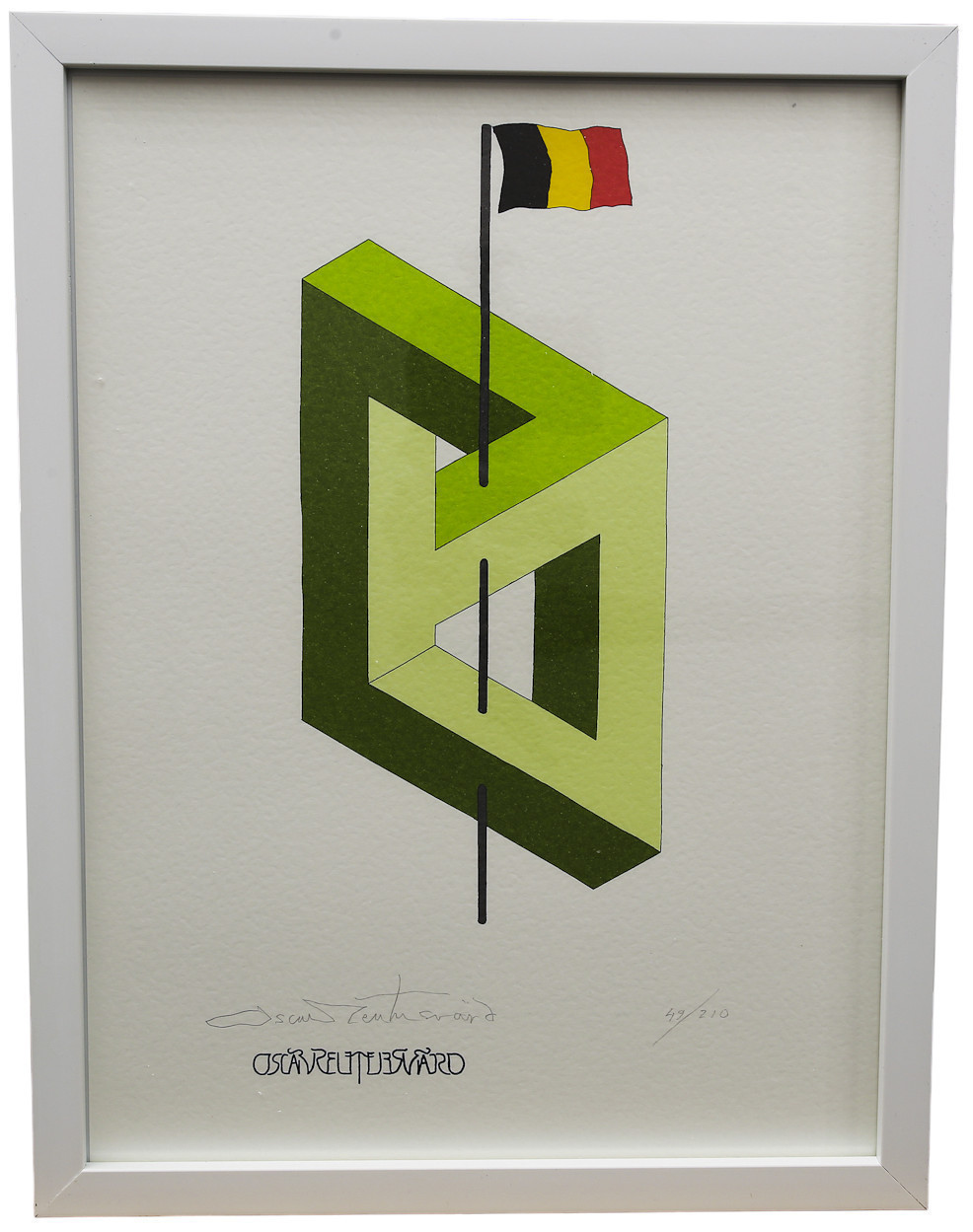 OSCAR REUTERSVÄRD. Färglitografi ur mappen "Fifteen European Impossible Figures". Belgien, numrerad 58/210, signerad.