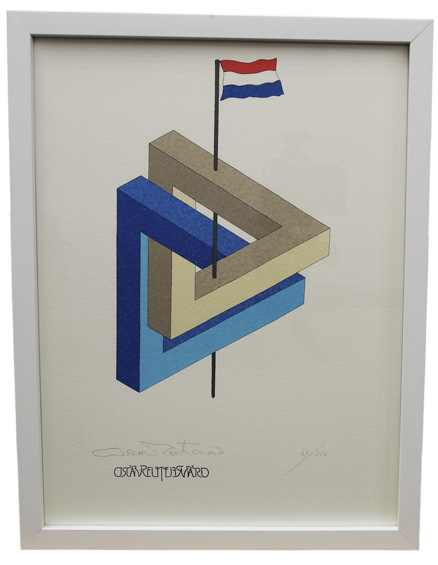 OSCAR REUTERSVÄRD. Färglitografi ur mappen "Fifteen European Impossible Figures". Holland, numrerad 58/210, signerad.