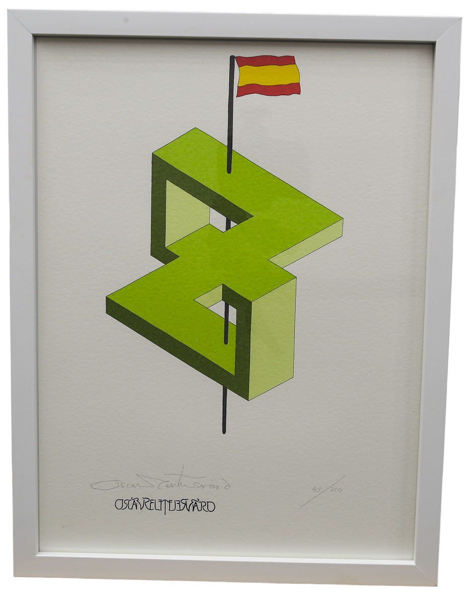 OSCAR REUTERSVÄRD. Färglitografi ur mappen "Fifteen European Impossible Figures". Spanien, numrerad 58/210, signerad.
