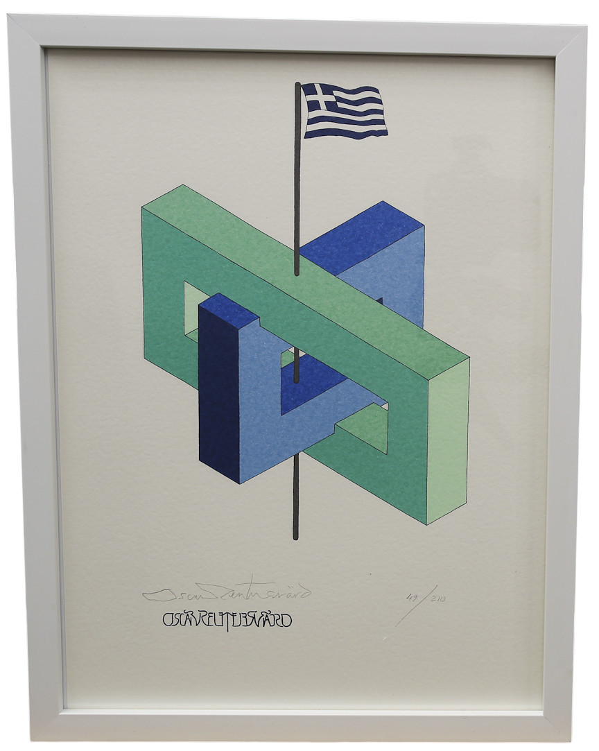 OSCAR REUTERSVÄRD. Färglitografi ur mappen "Fifteen European Impossible Figures". Grekland, numrerad 58/210, signerad.