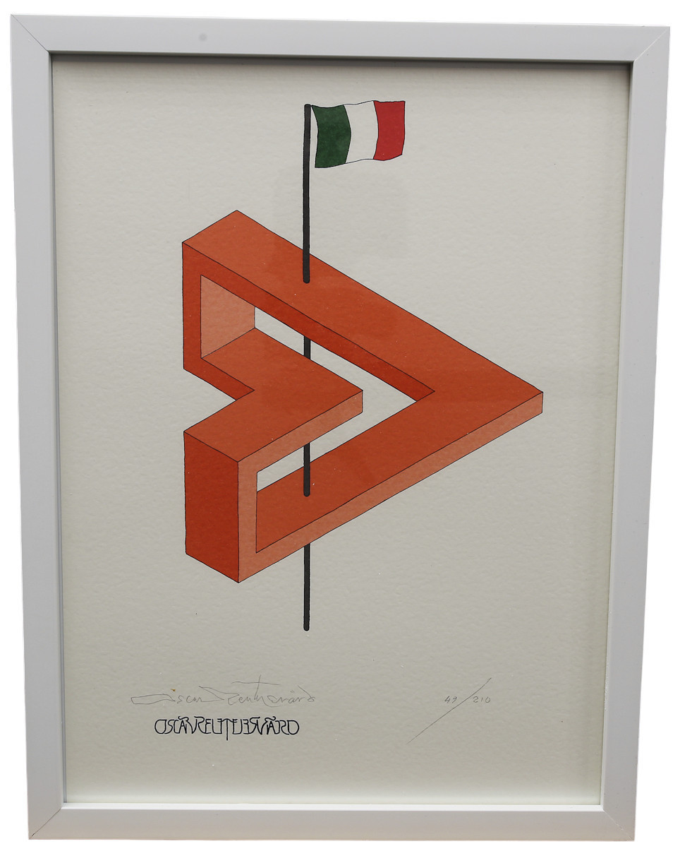 OSCAR REUTERSVÄRD. Färglitografi ur mappen "Fifteen European Impossible Figures". Italien, numrerad 58/210, signerad.