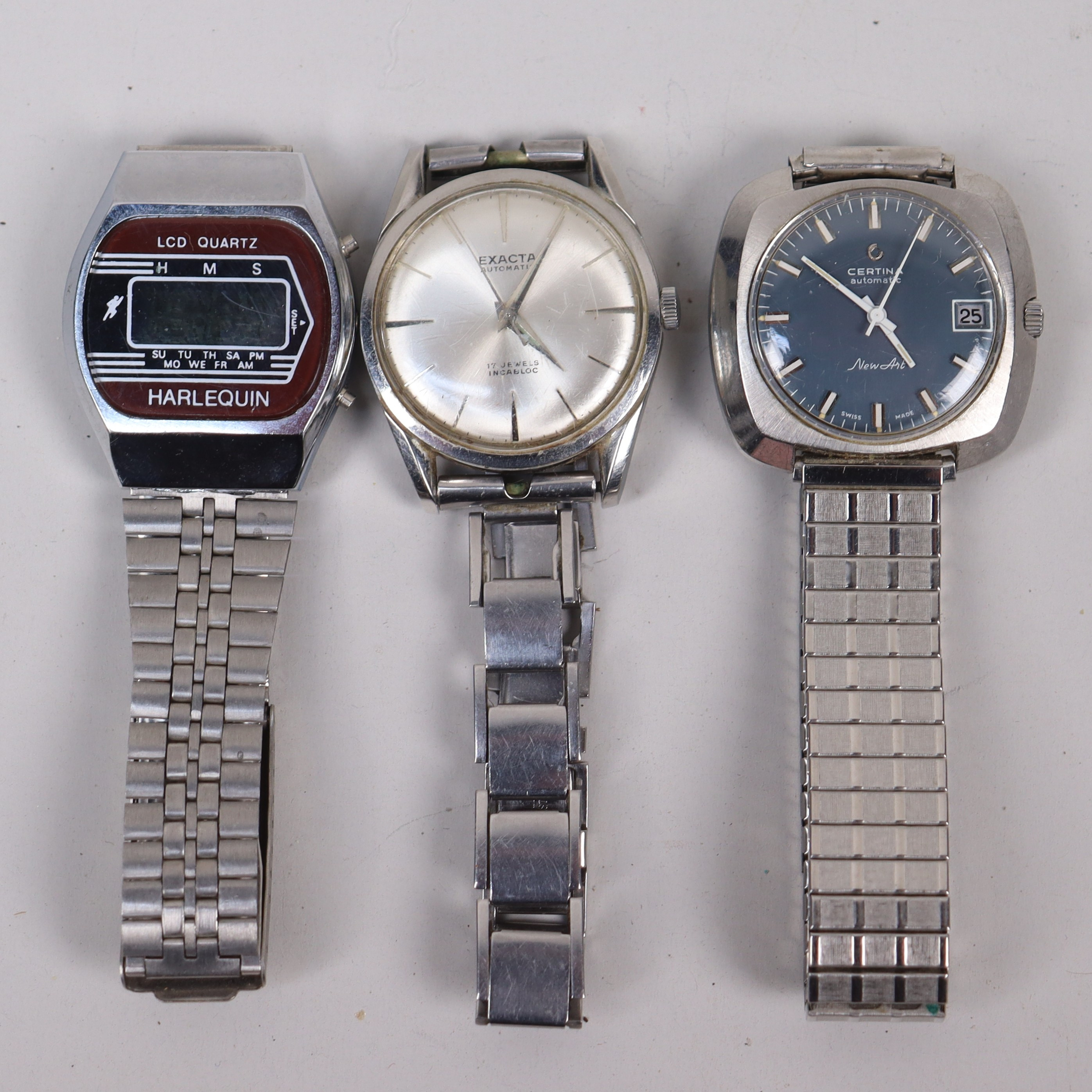ARMBANDSUR, Certina Automatic New Art, Exacta Automatic samt Harlequin LCD Quartz, 3 st.