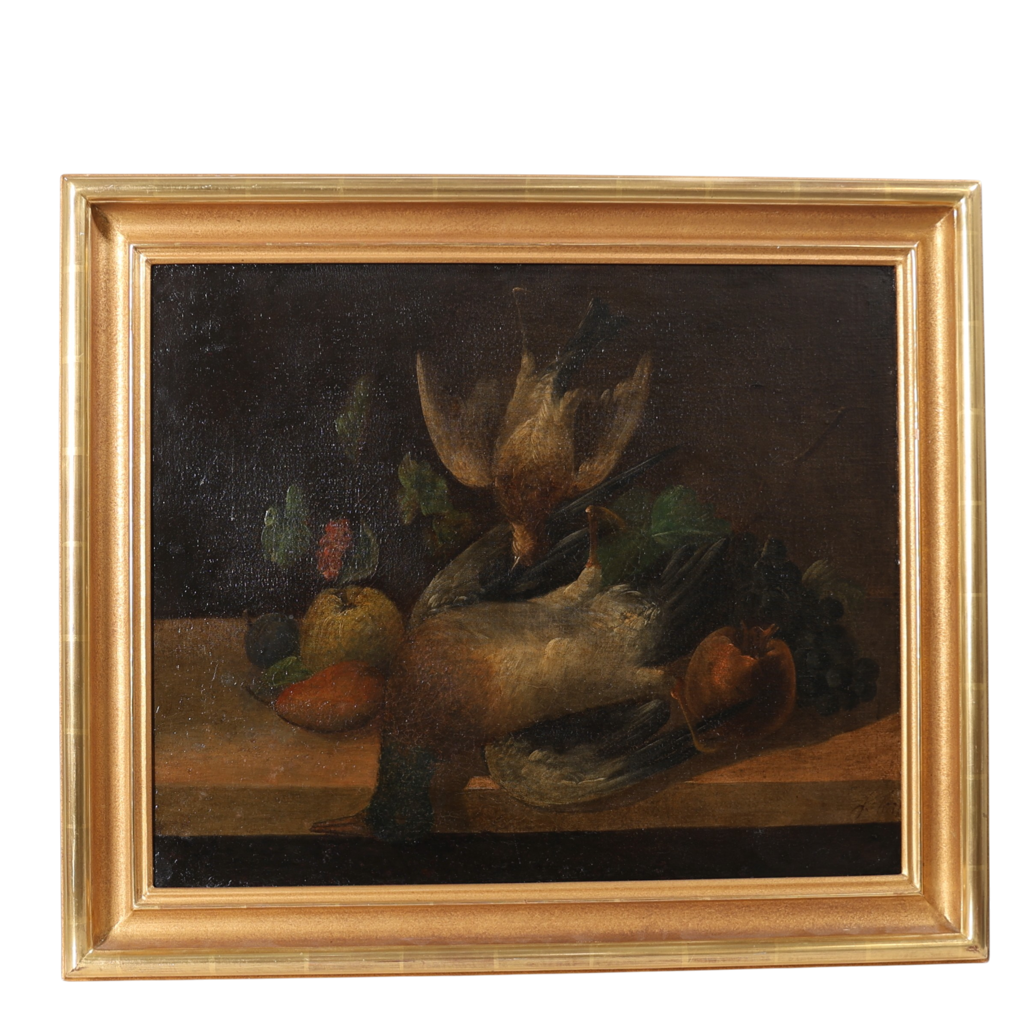 OIDENTIFIERAD KONSTNÄR. Stilleben med frukt & fåglar, olja på duk uppfodrad på pannå, signerad, 17/1800-tal.