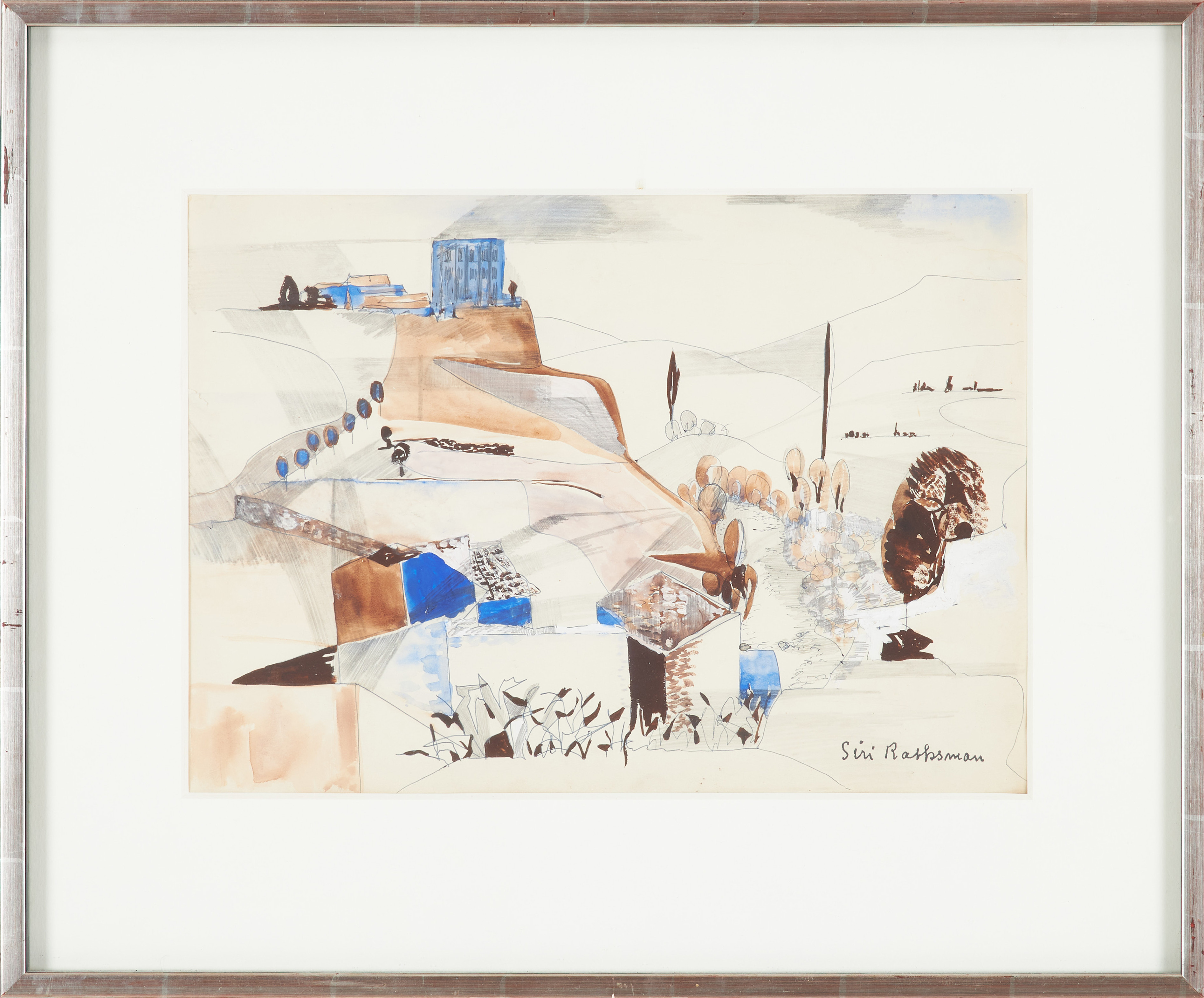 SIRI RATHSMAN. Sydländskt landskap, blandteknik på papper, signerad Siri Rathsman.