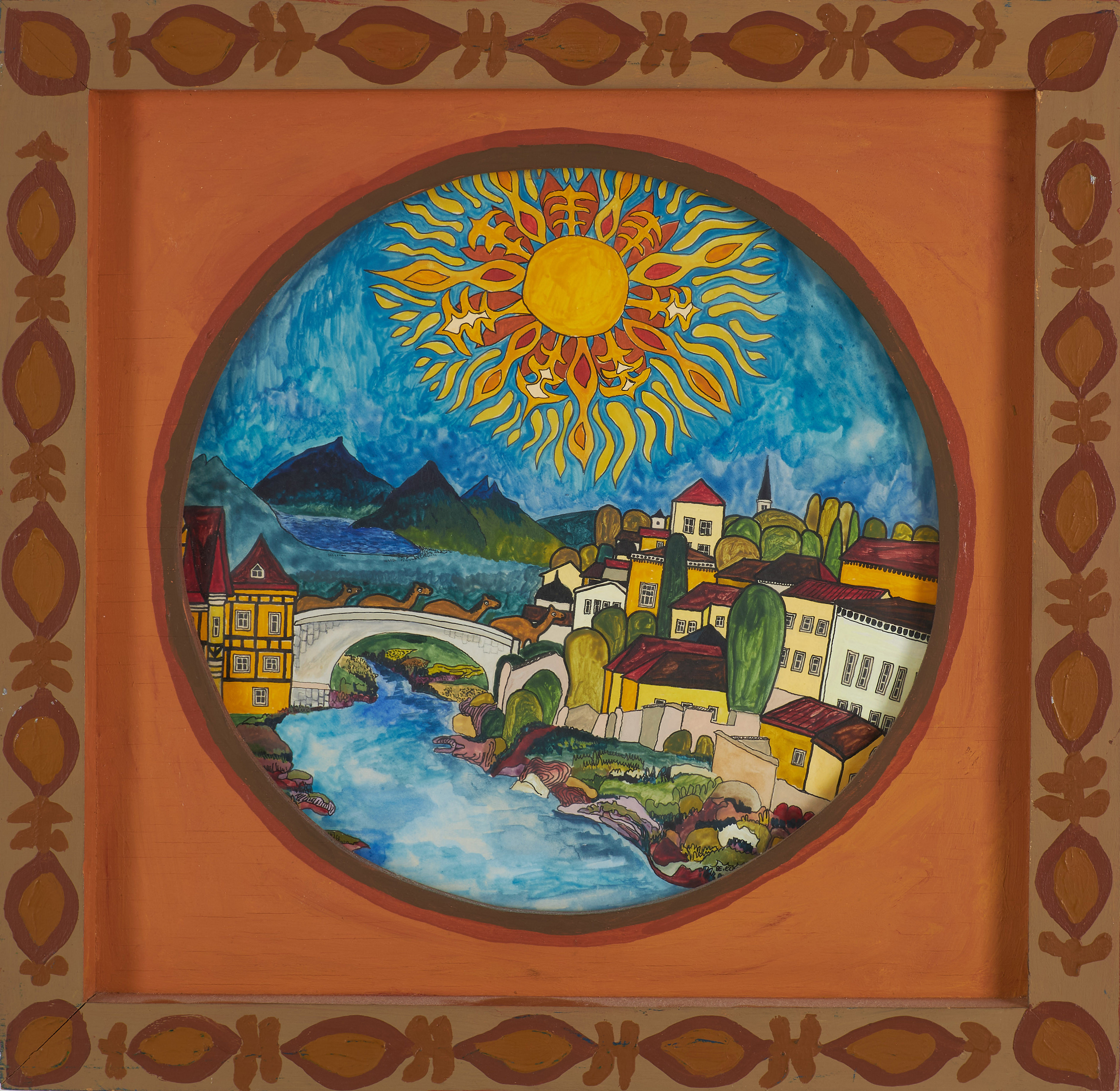 BENGT ELDE (1939-2015). Sol över staden, blandteknik, signerad BE. Elde, specialtillverkad ram.