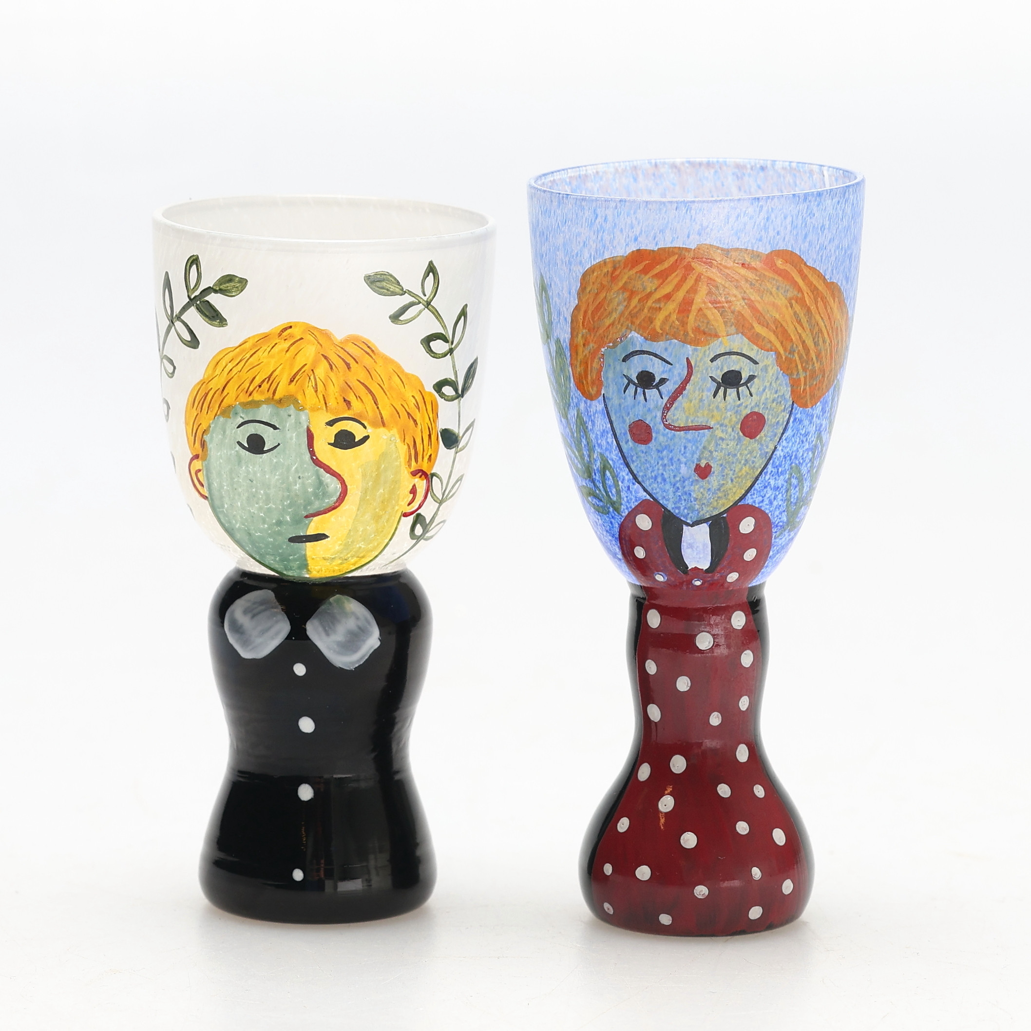 SVEN LIDBERG. Snapsglas, handmålat glas, signerade, Skruf Glasbruk.