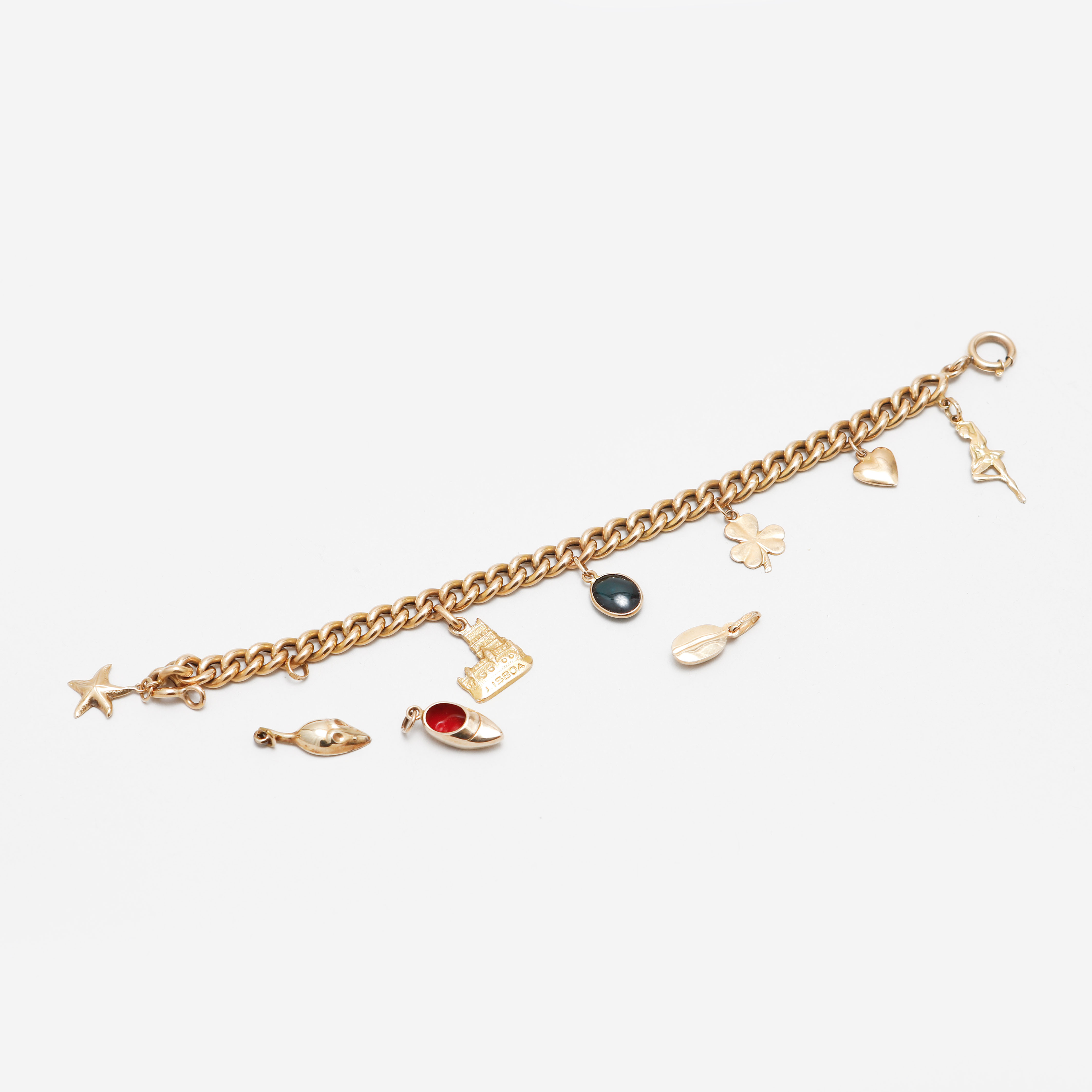 ARMLÄNK, med BERLOCKER, 18k guld, 5 berlocker i 14k guld, totalvikt ca 14 gram.