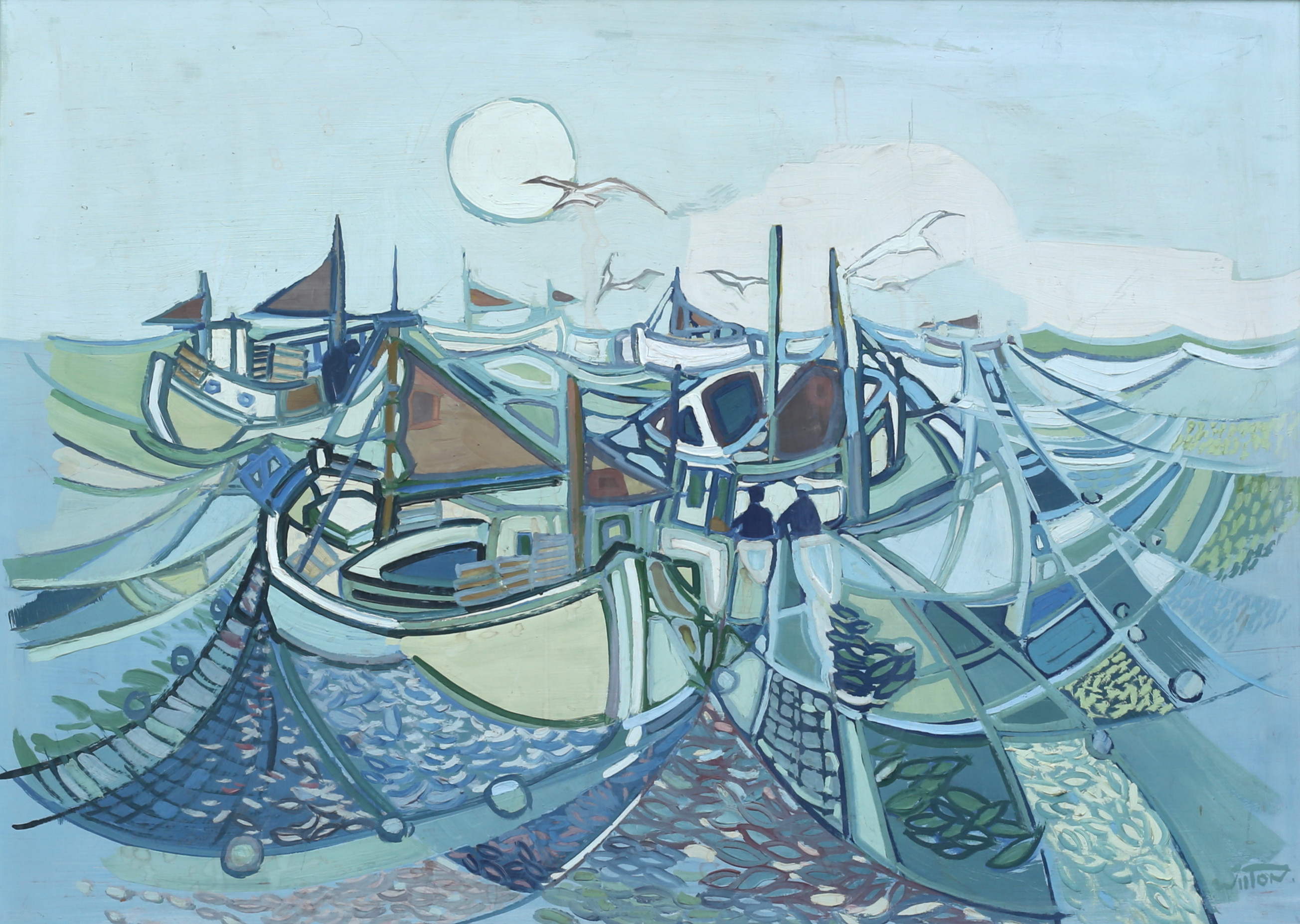 JEAN WILTON. (1934-2011) Fiskebåtar, olja på pannå, signerad Wilton.