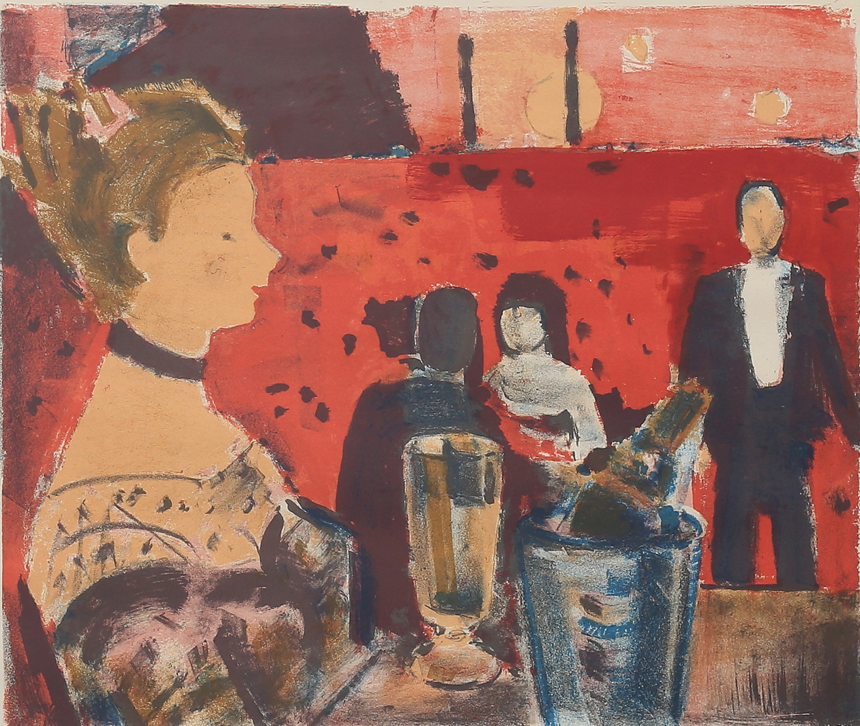 OVE OLSON. "Nattklubb", färglitografi, signerad, daterad 59, numrerad 86/99.