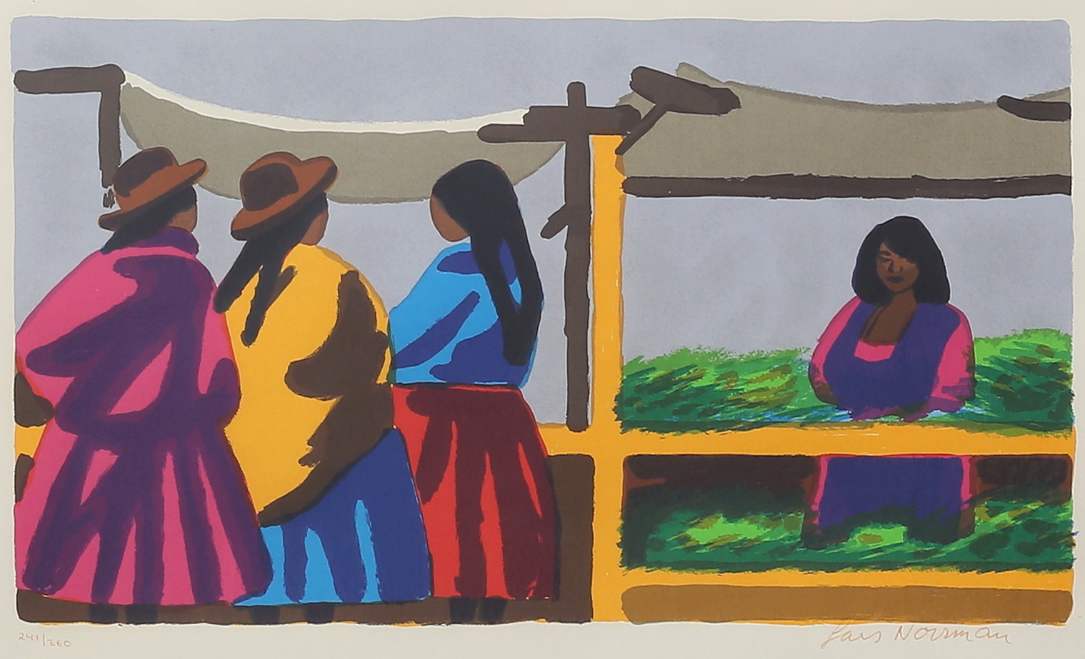 LARS NORRMAN. Kvinnor på marknad, färglitografi, signerad, numrerad 241/360.