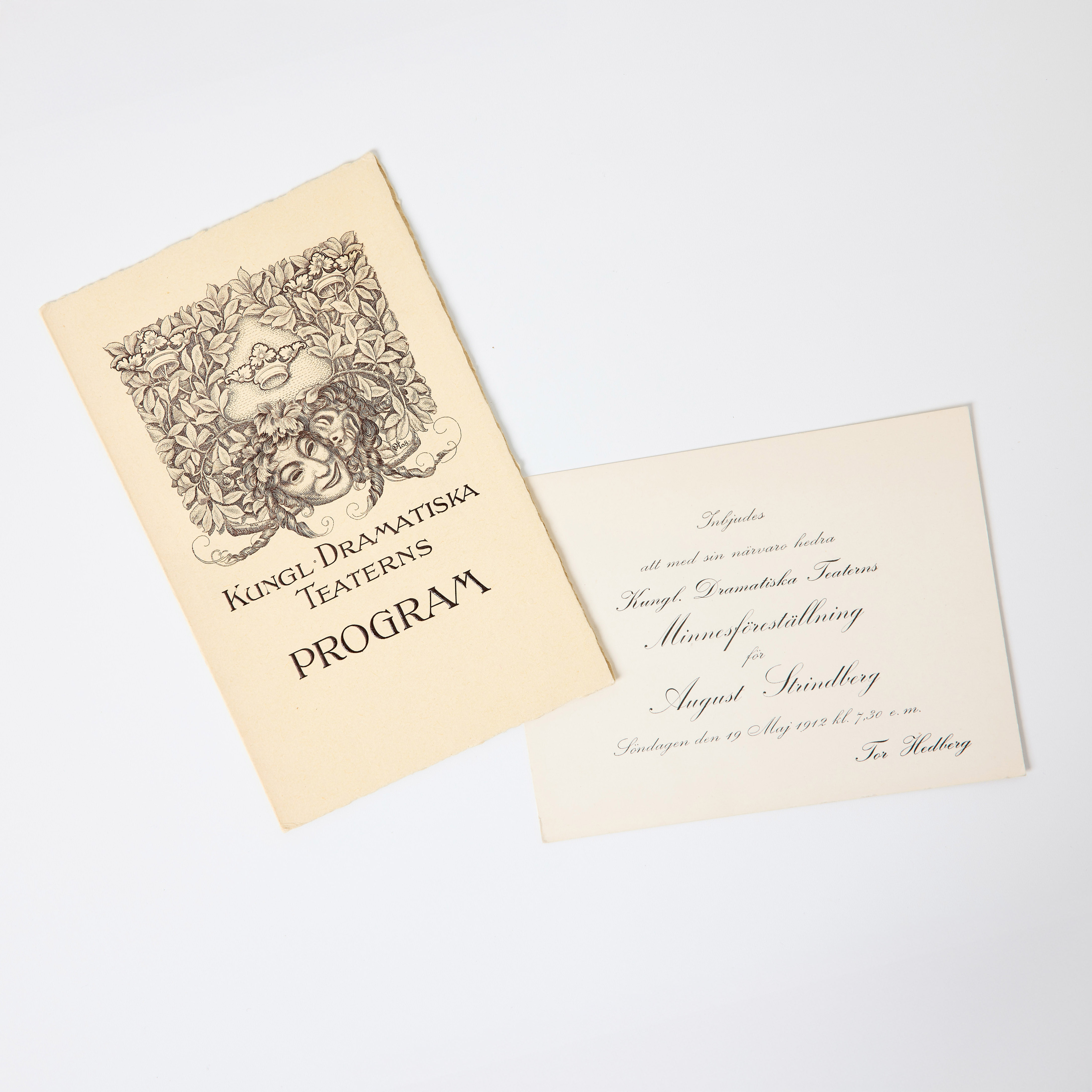 AUGUST STRINDBERG - Kungl. Dramatiska teaterns program, 1909 samt Inbjudan till Minnesföreställning efter Strindbergs död, maj 1912.