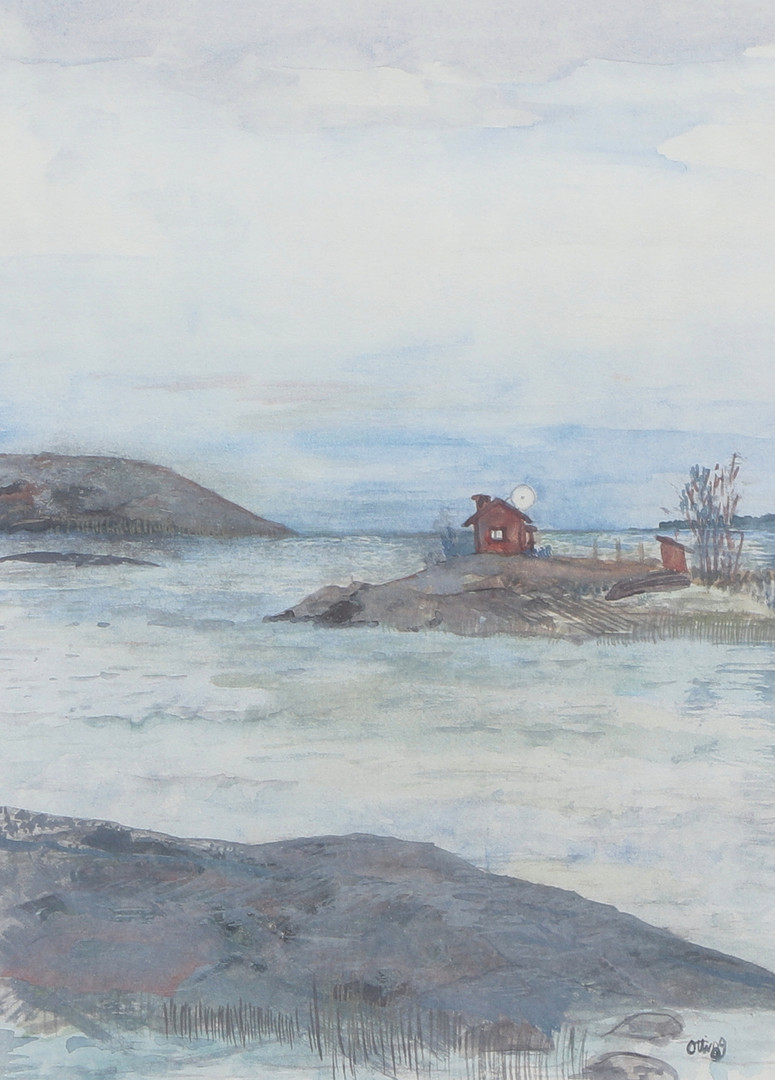 OTTI H WIKLUND. Serigrafi, Skärgårdsmotiv med fiskebod, signerad, numrerad 30/160.