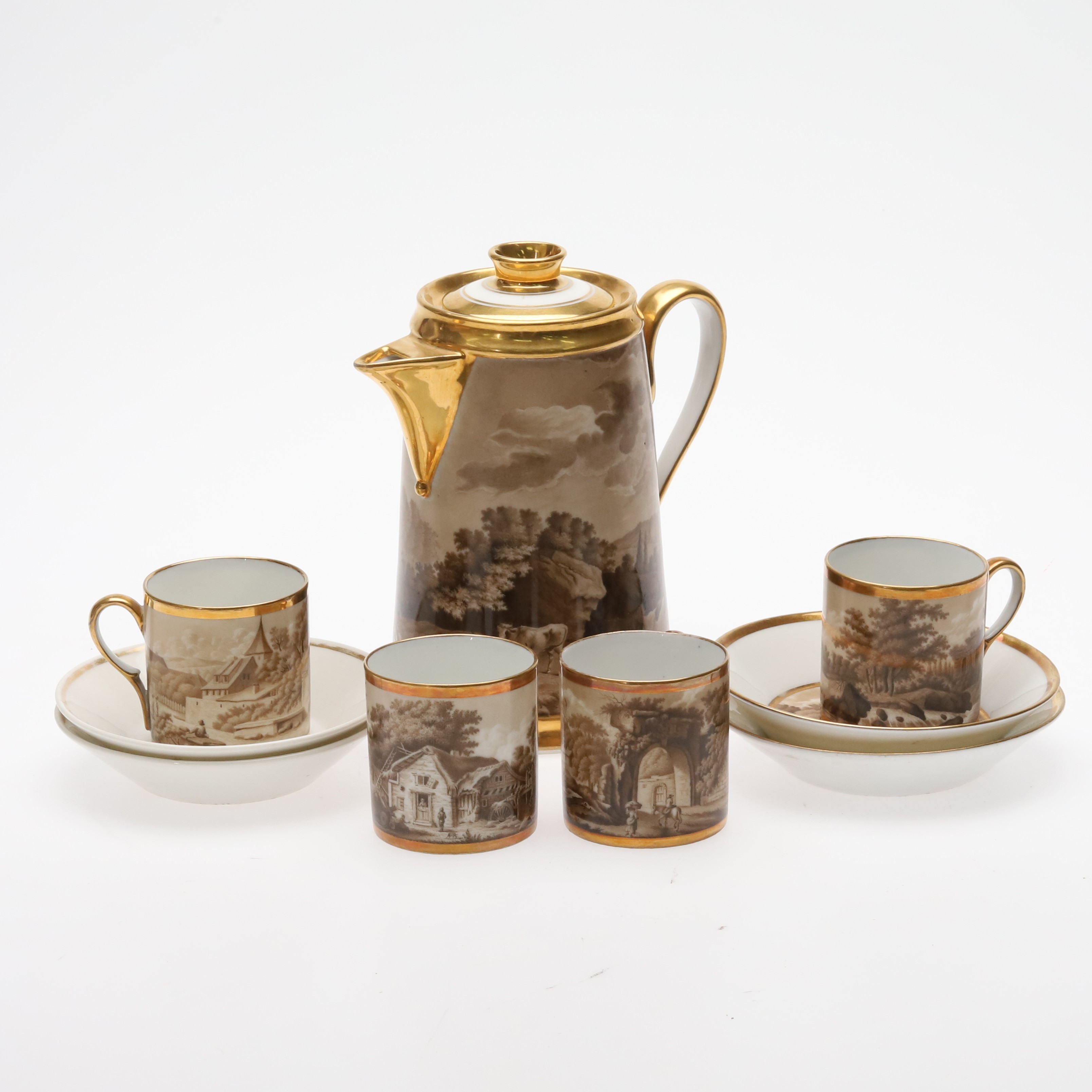 KAFFESERVIS. 9 delar. Handmålat porslin med förgyllda detaljer, Tyskland, 1800-tal.