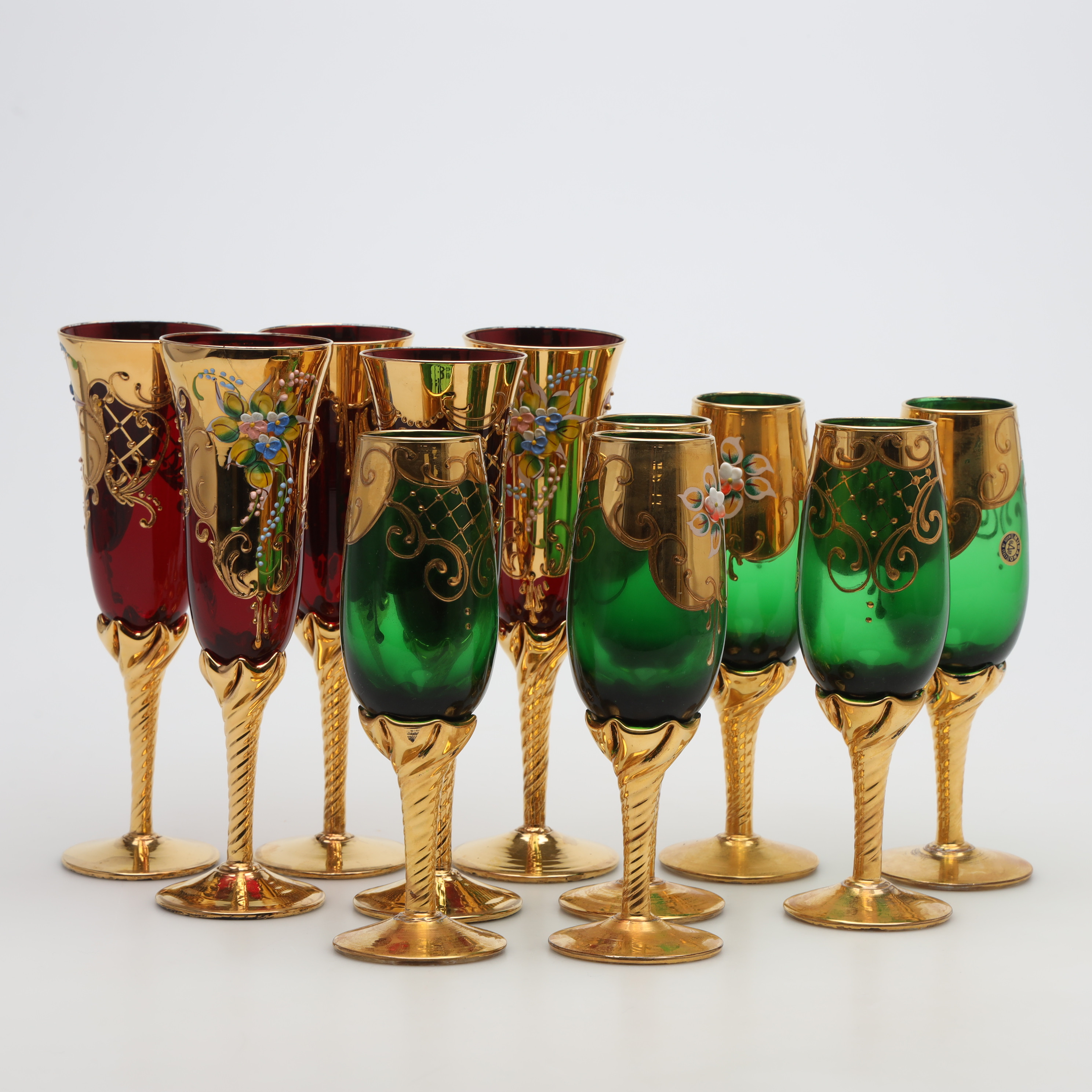 CHAMPAGNEGLAS, 11 delar, Murano, Italien.