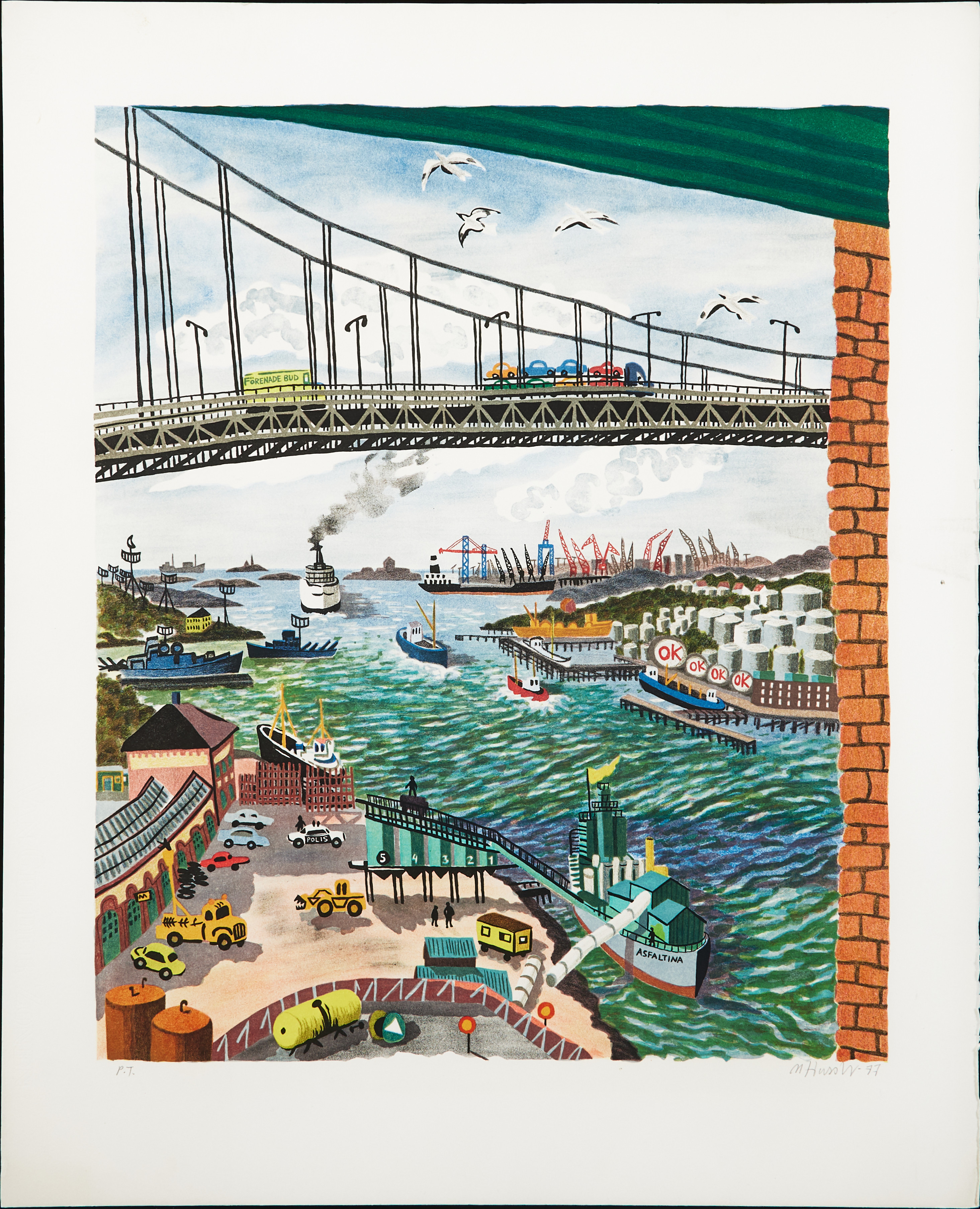 MONA HUSS WALLIN (FÖDD 1944). Älvsborgsbron, Göteborg, färglitografi.