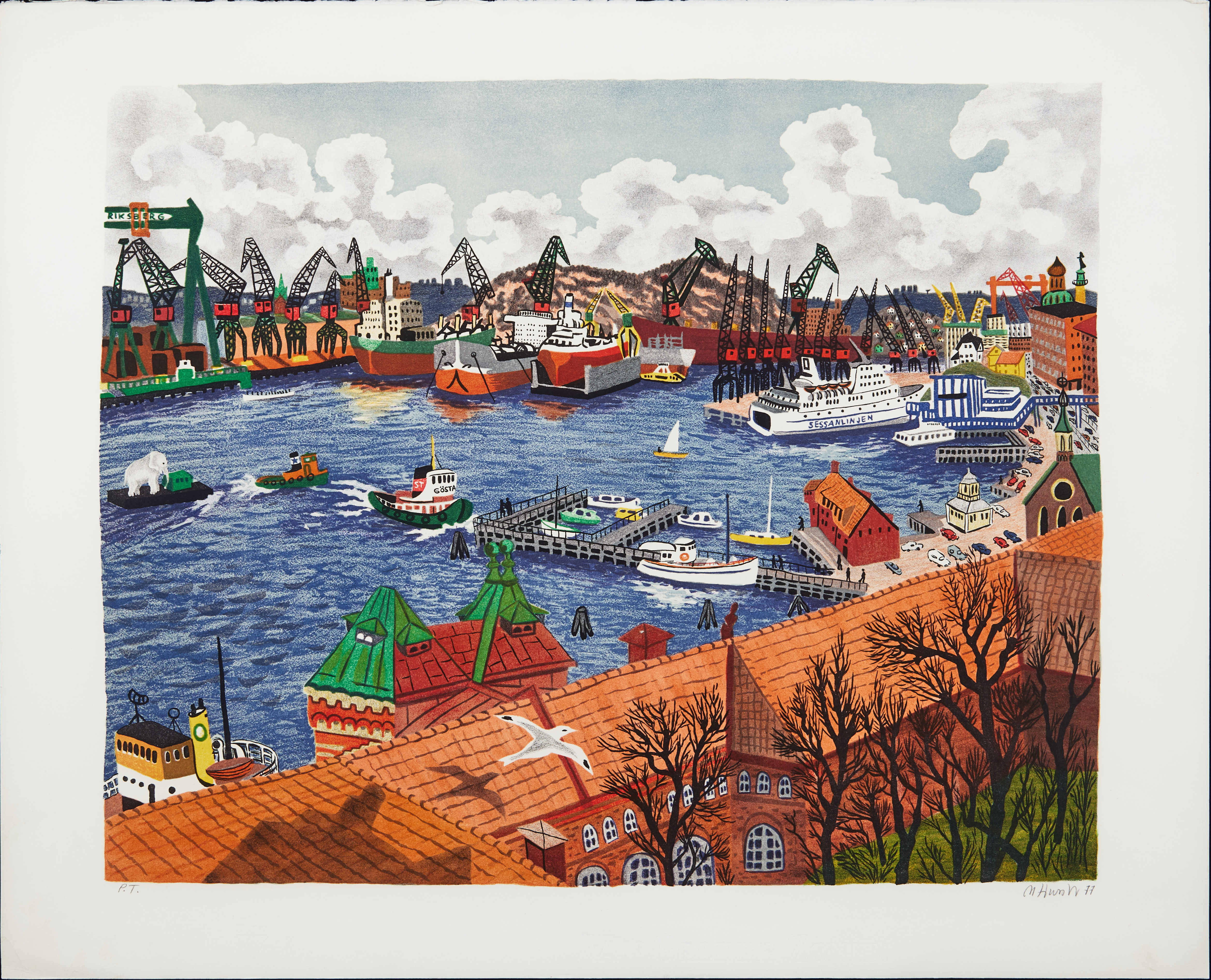 MONA HUSS WALLIN (FÖDD 1944). "Eriksberg", Göteborg, färglitografi.