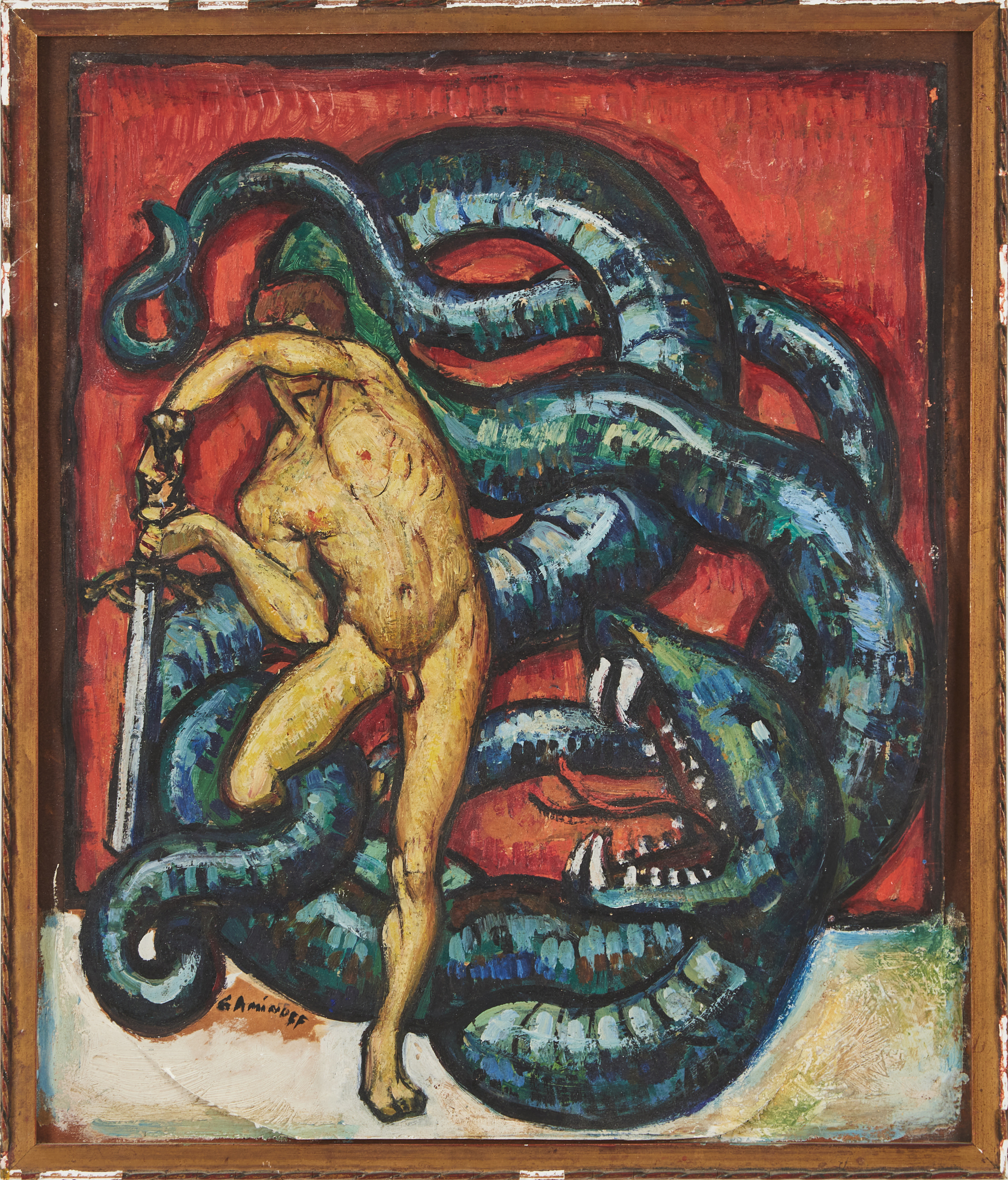 GREGORI AMINOFF (1883-1947). Hjälte dräper basilisk, olja eller gouache på papp, signerad G Aminoff.