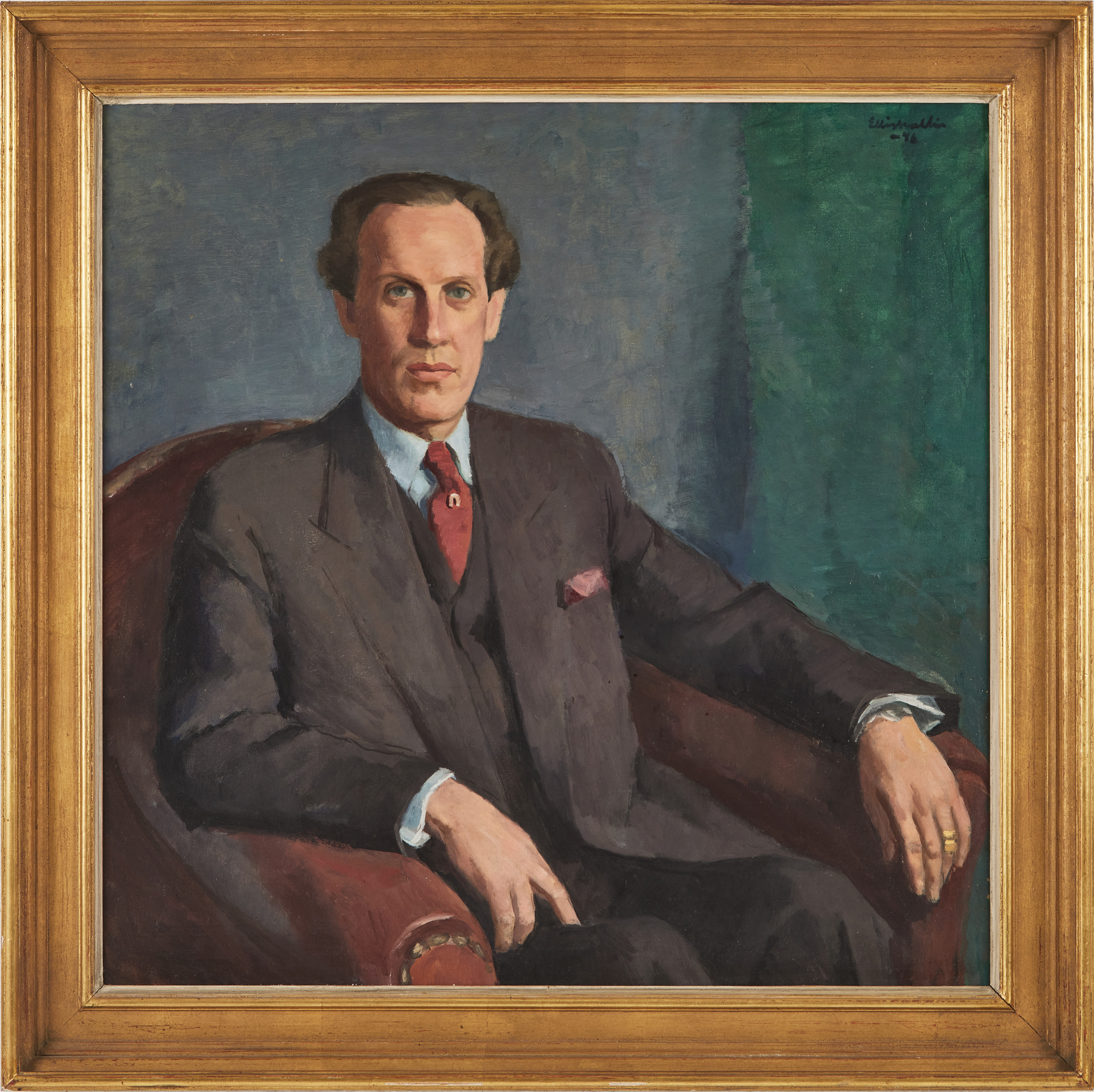 ELLIS WALLIN. Porträtt av konsthandlare Jean Lindercrona, oljemålning på duk, signerad och daterad -46.