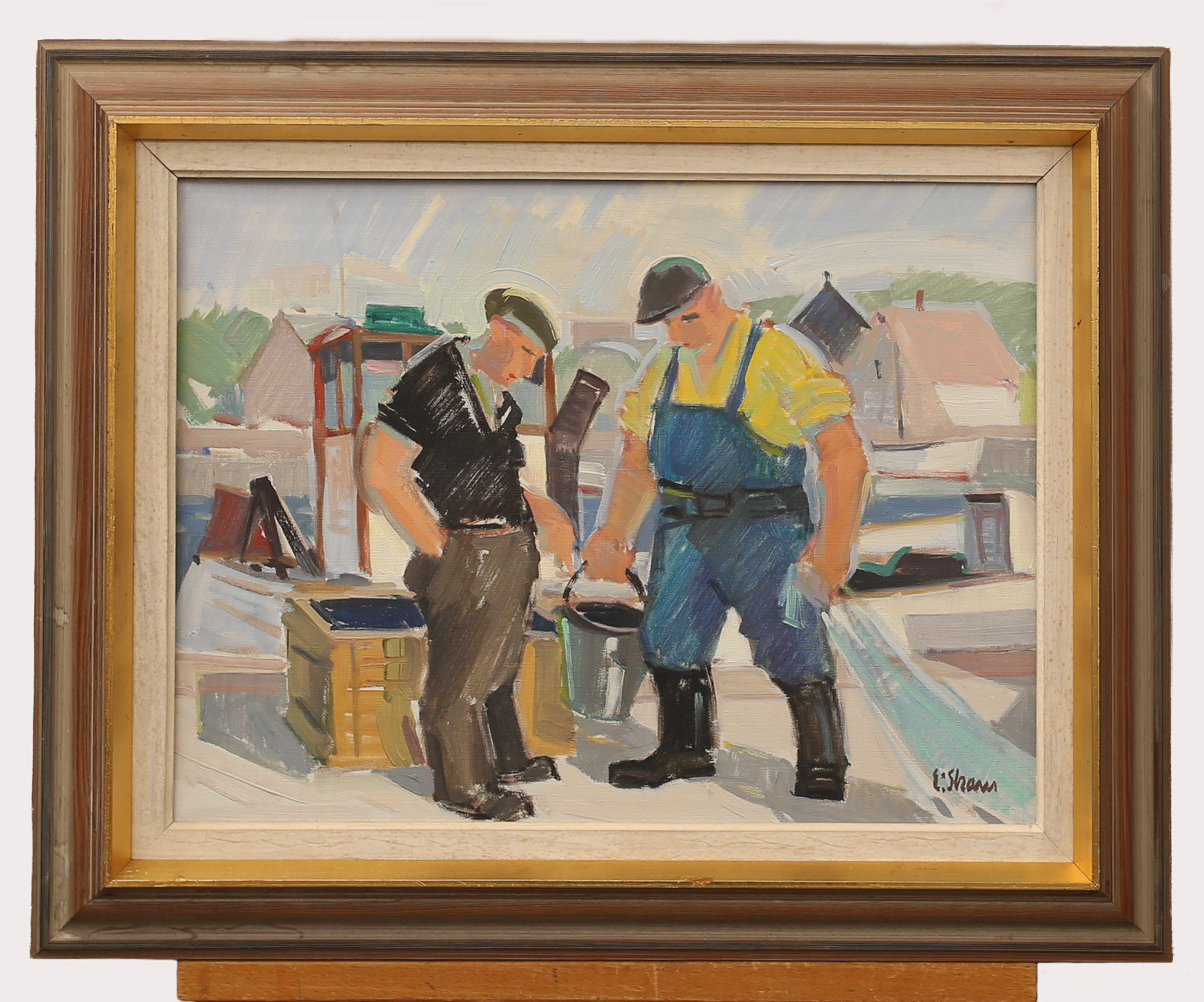 ESKIL SKANS. Olja på duk, män vid brygga, signerad.