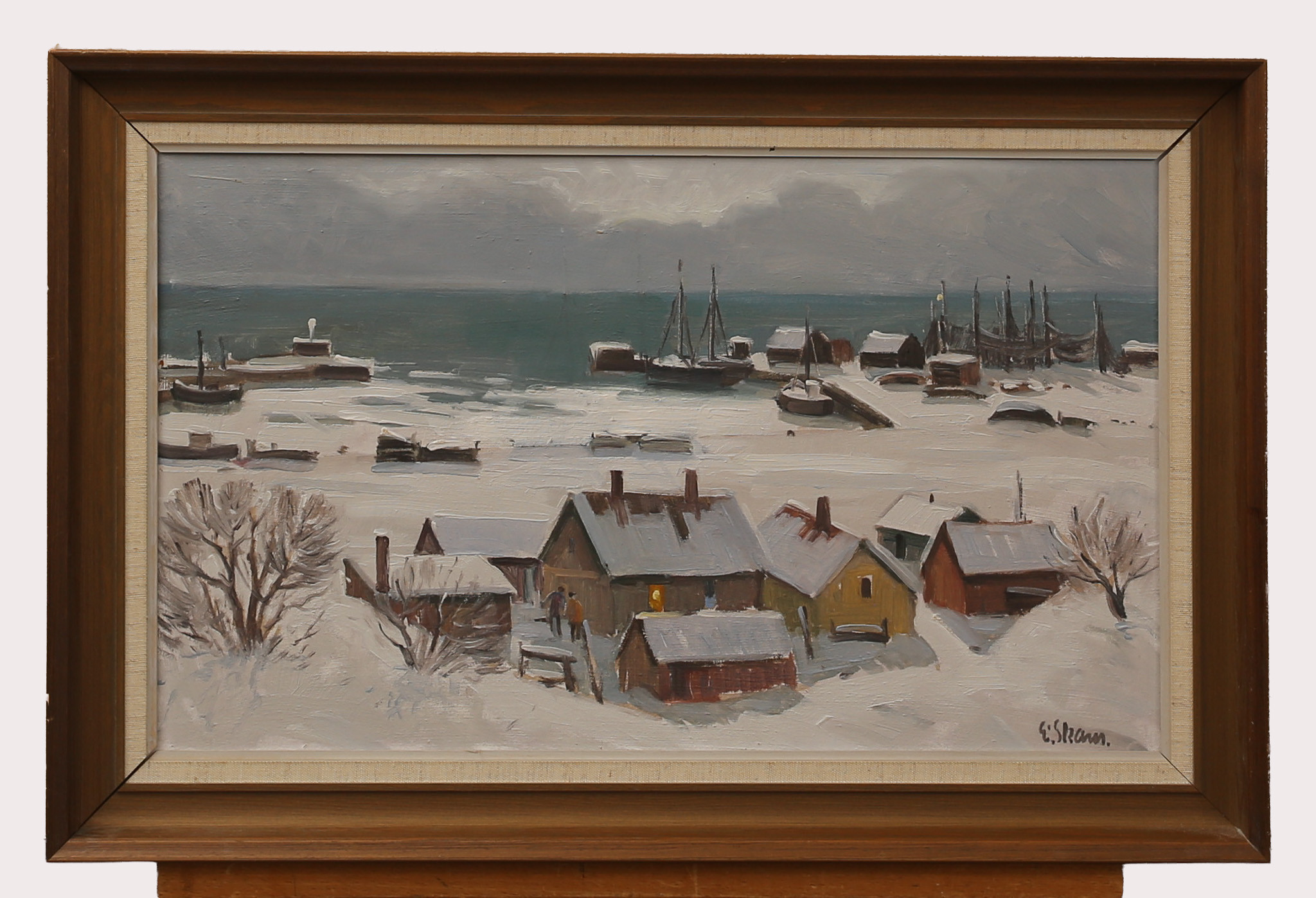 ESKIL SKANS. Olja på duk, vinterlandskap vid fiskehamnen, signerad.