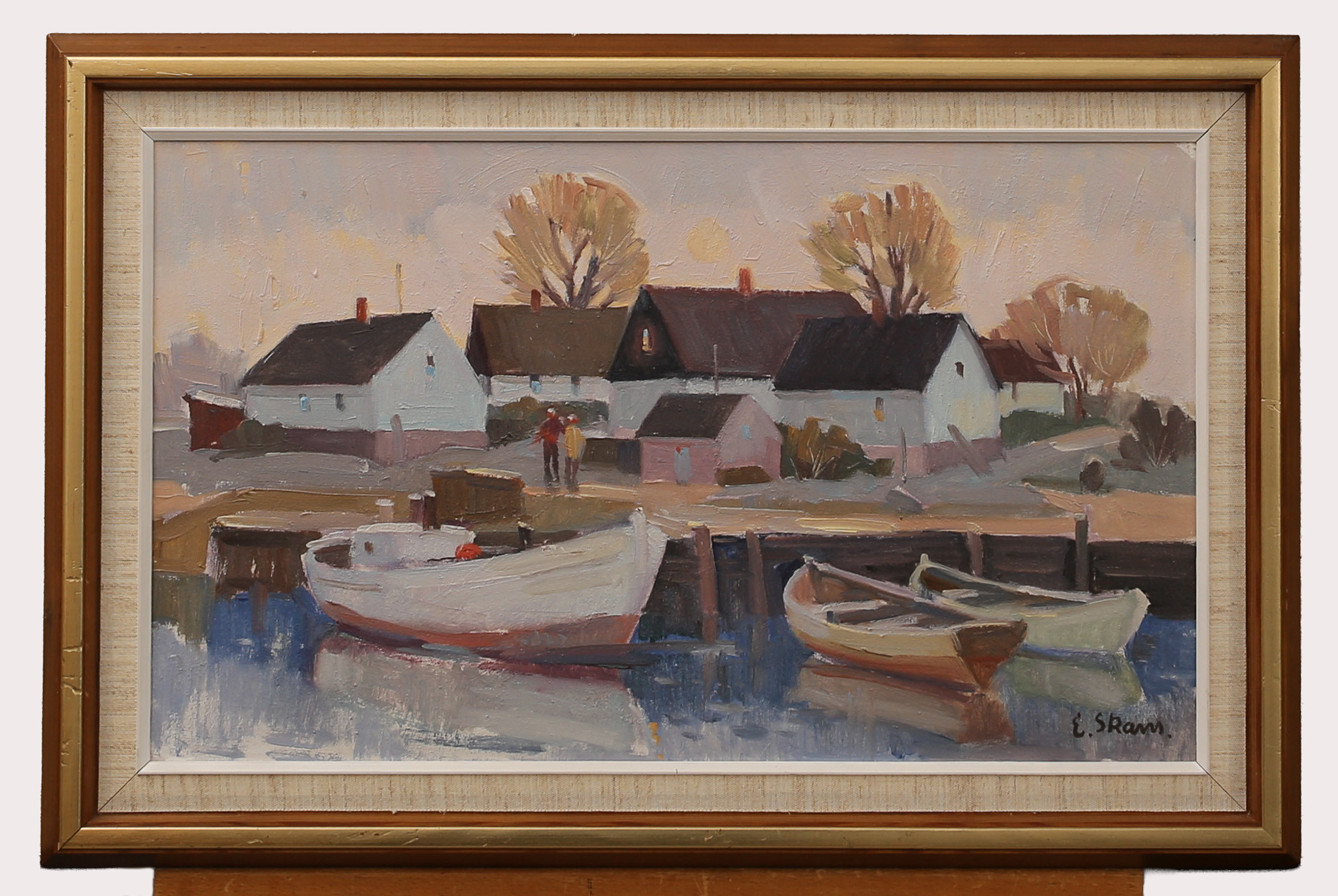 ESKIL SKANS. Olja på duk, båtar och hus, Baskemölla, signerad.